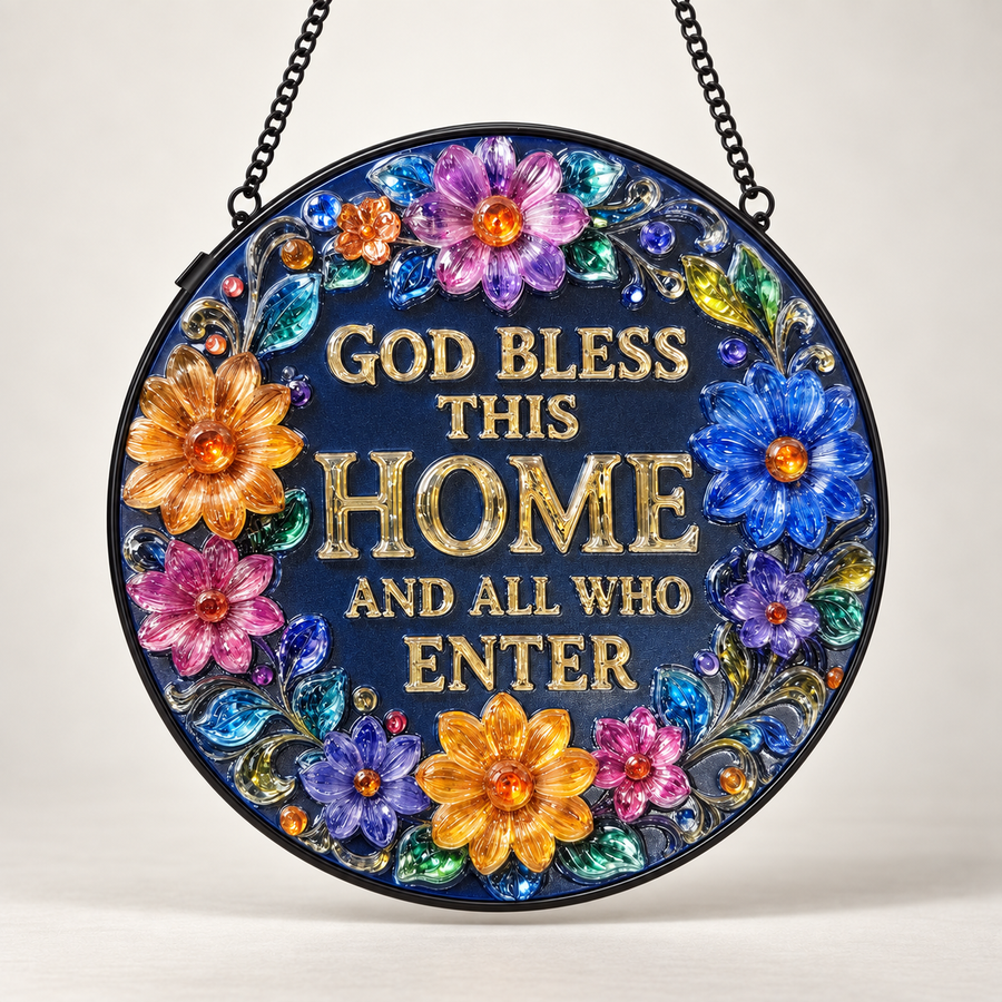 Front view of God Bless This Home round hanging art