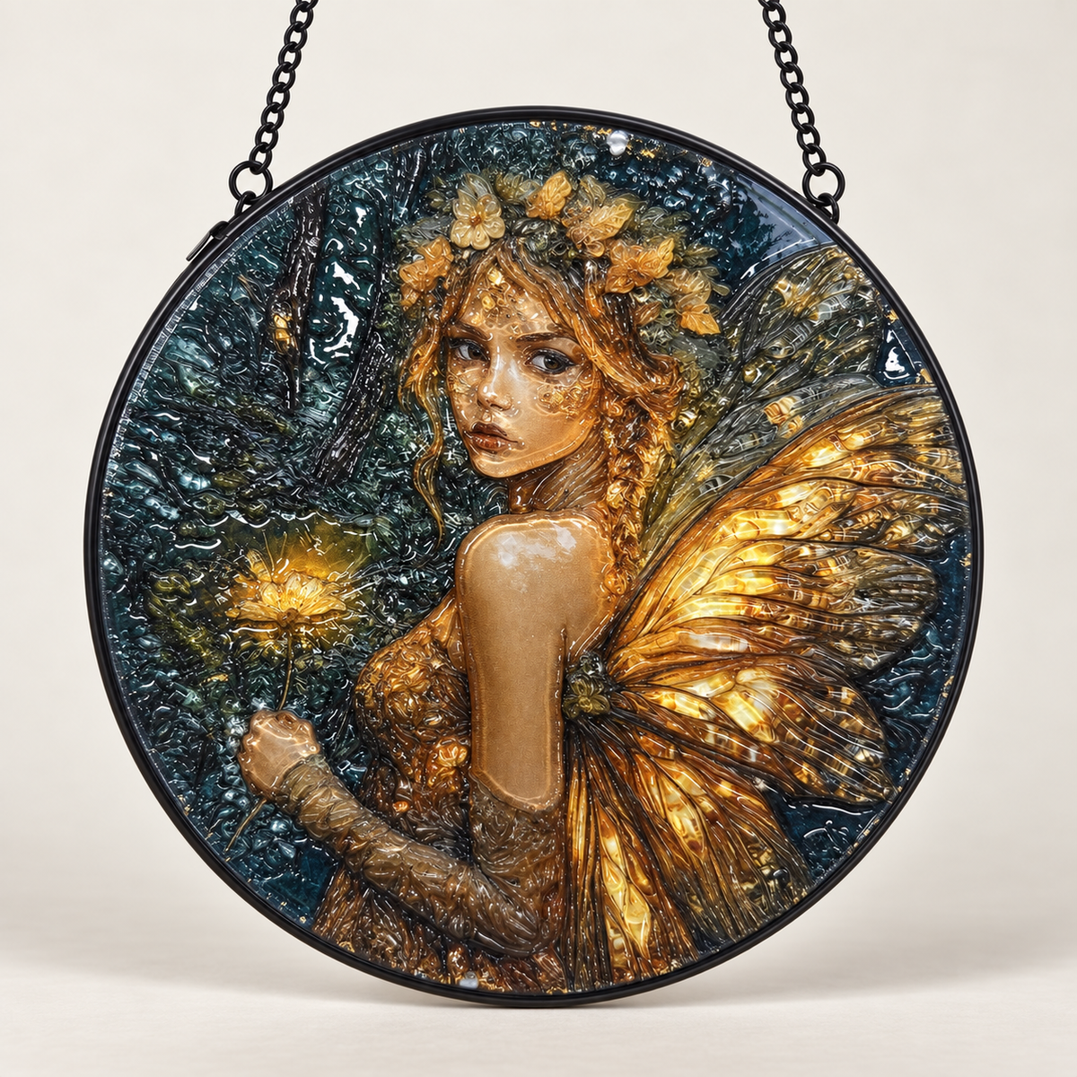 Front view of Golden Forest Fairy round hanging art