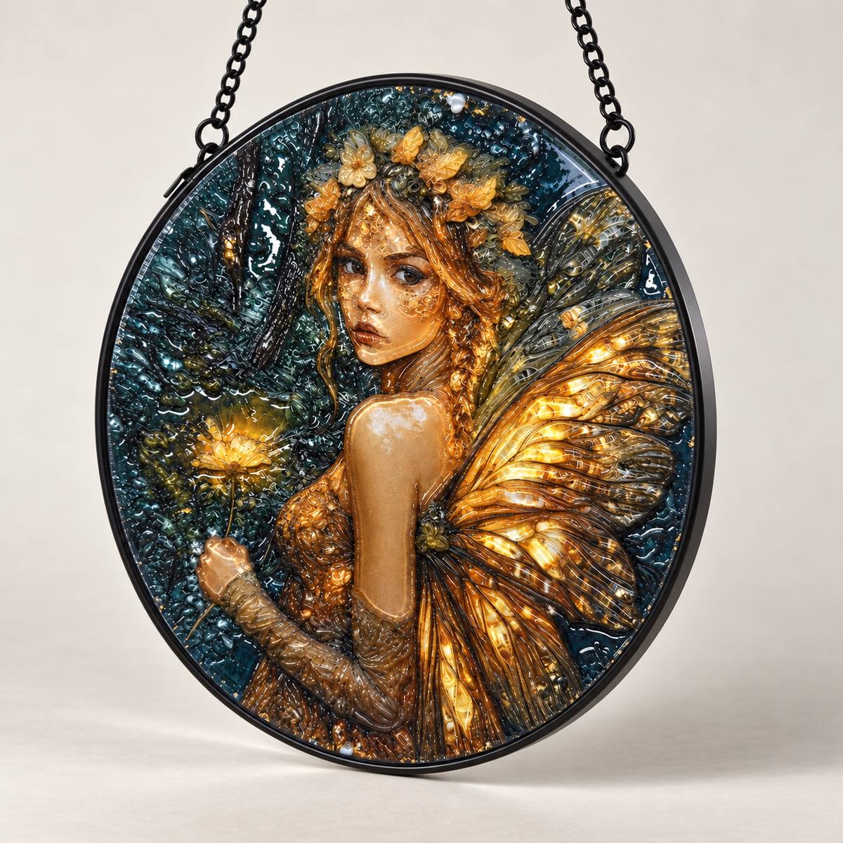 Angled view of Golden Forest Fairy round hanging art