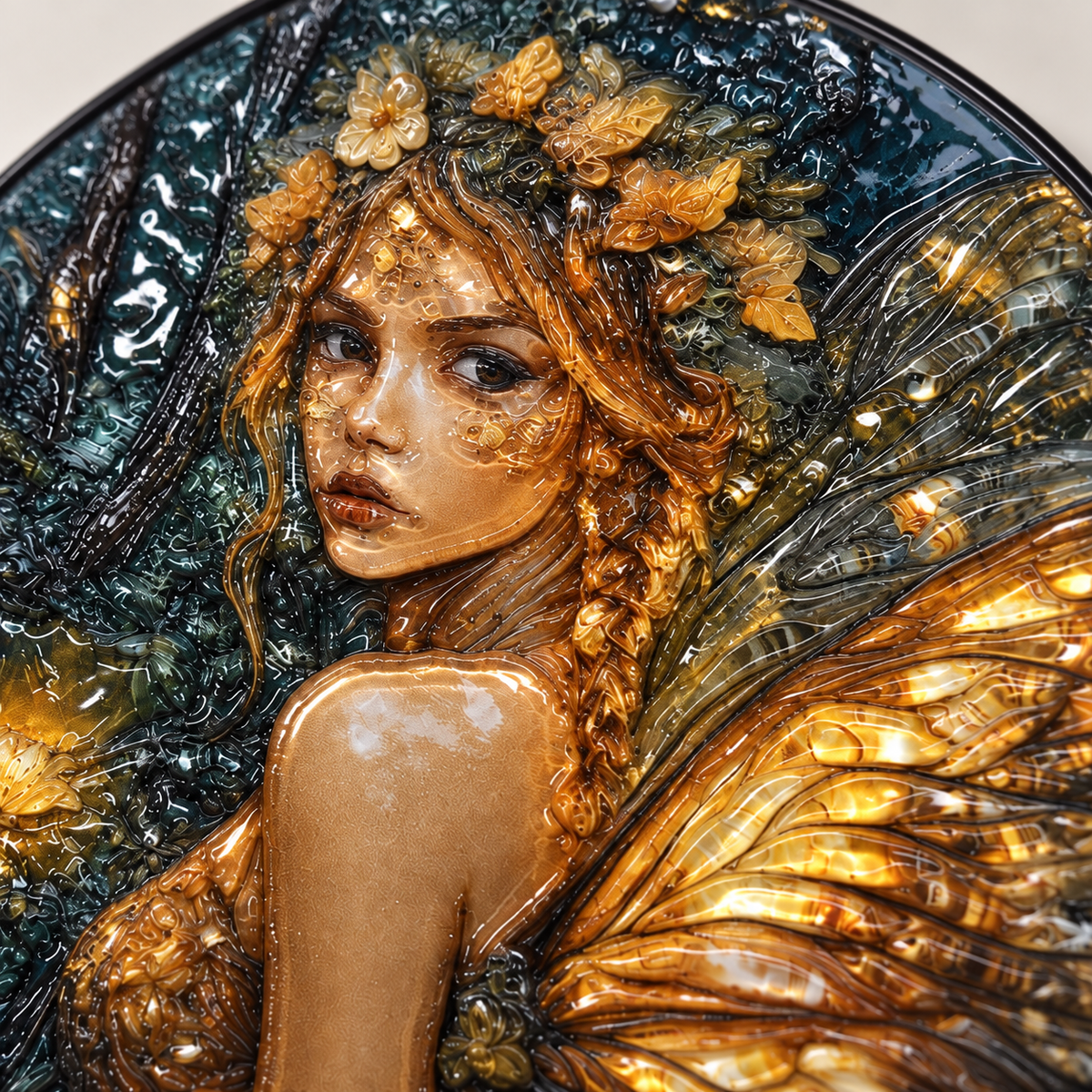 UV relief macro detail of Golden Forest Fairy round hanging art