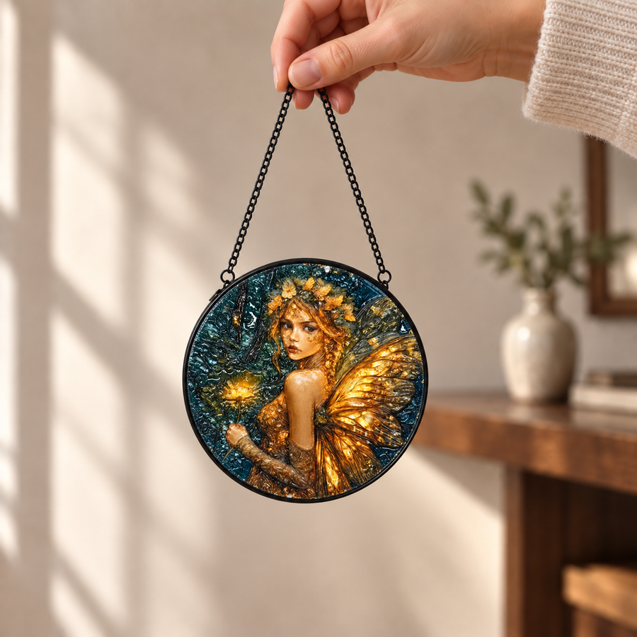 Handheld size view of Golden Forest Fairy round hanging art