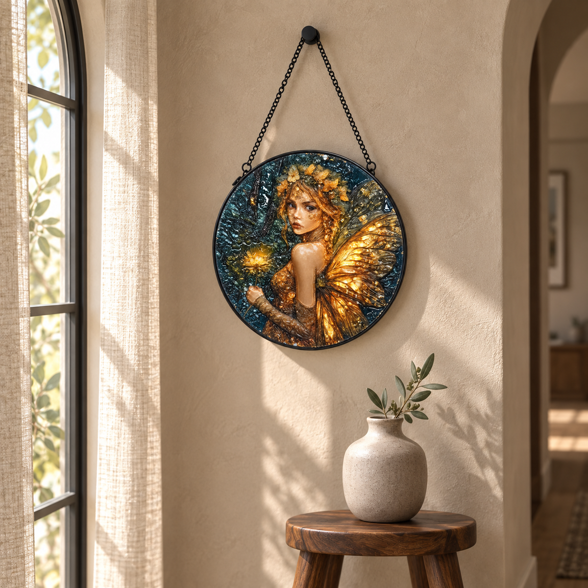 Indoor window display of Golden Forest Fairy round hanging art