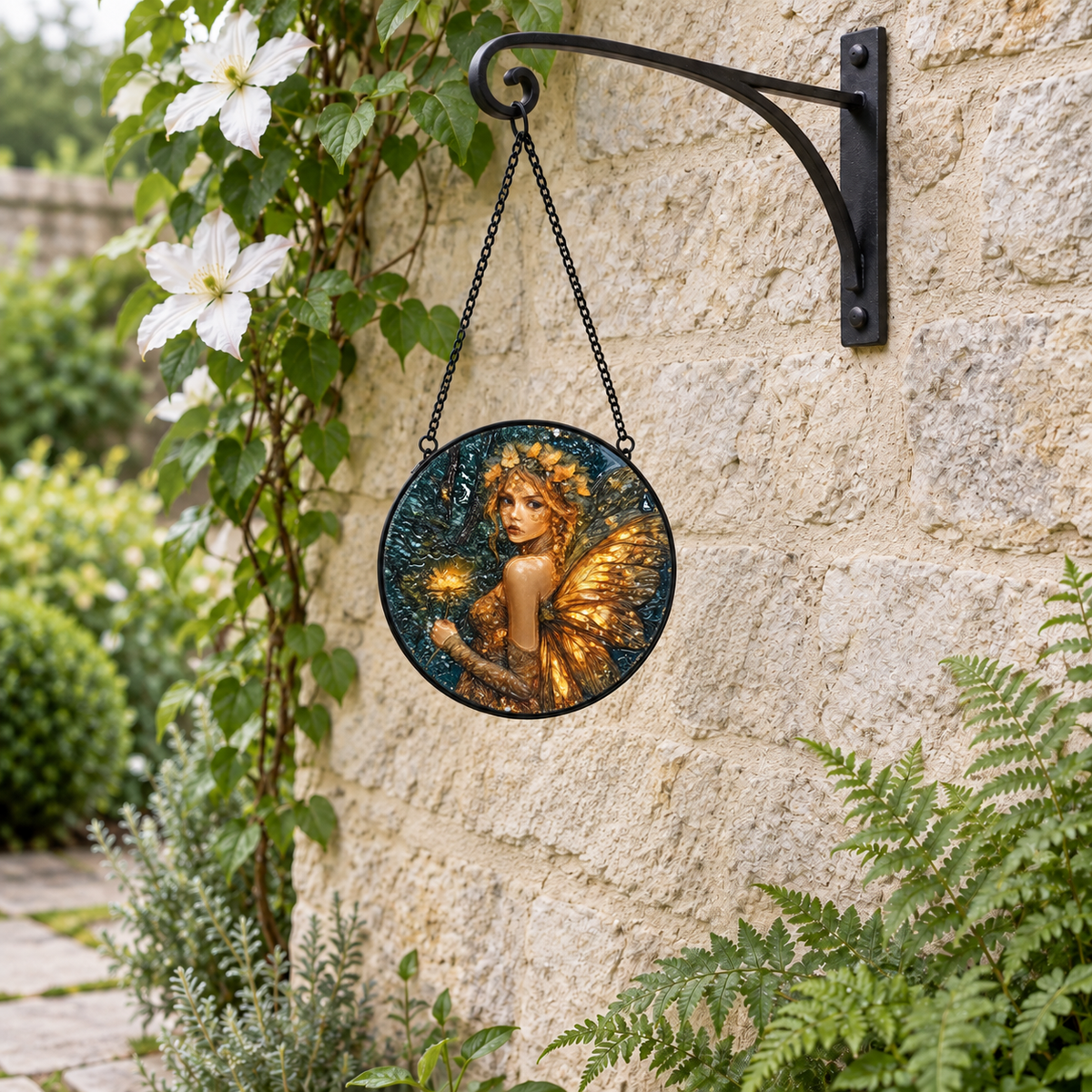 Garden display of Golden Forest Fairy round hanging art