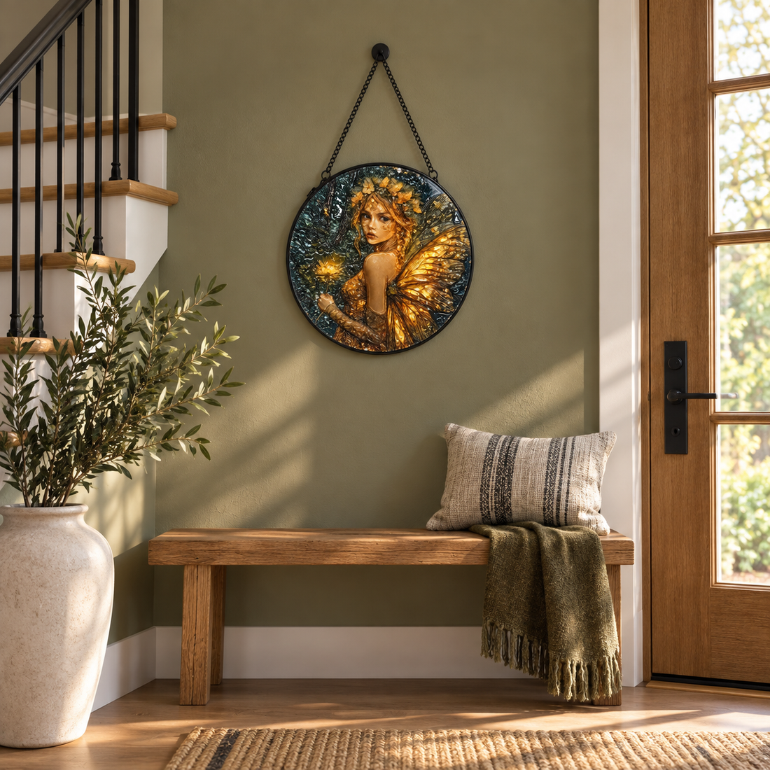Indoor landing display of Golden Forest Fairy round hanging art