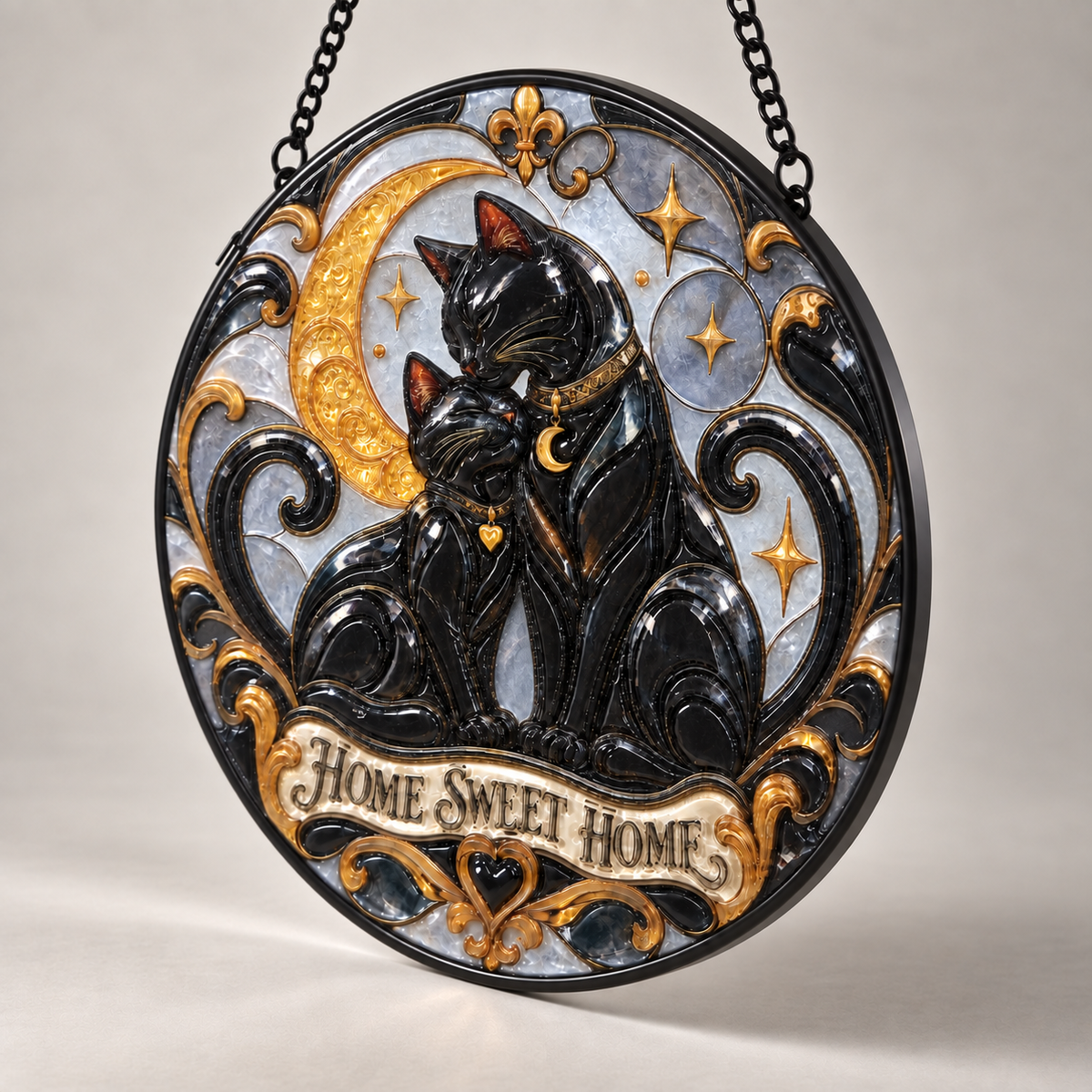 Angled view of Home Sweet Home round hanging art