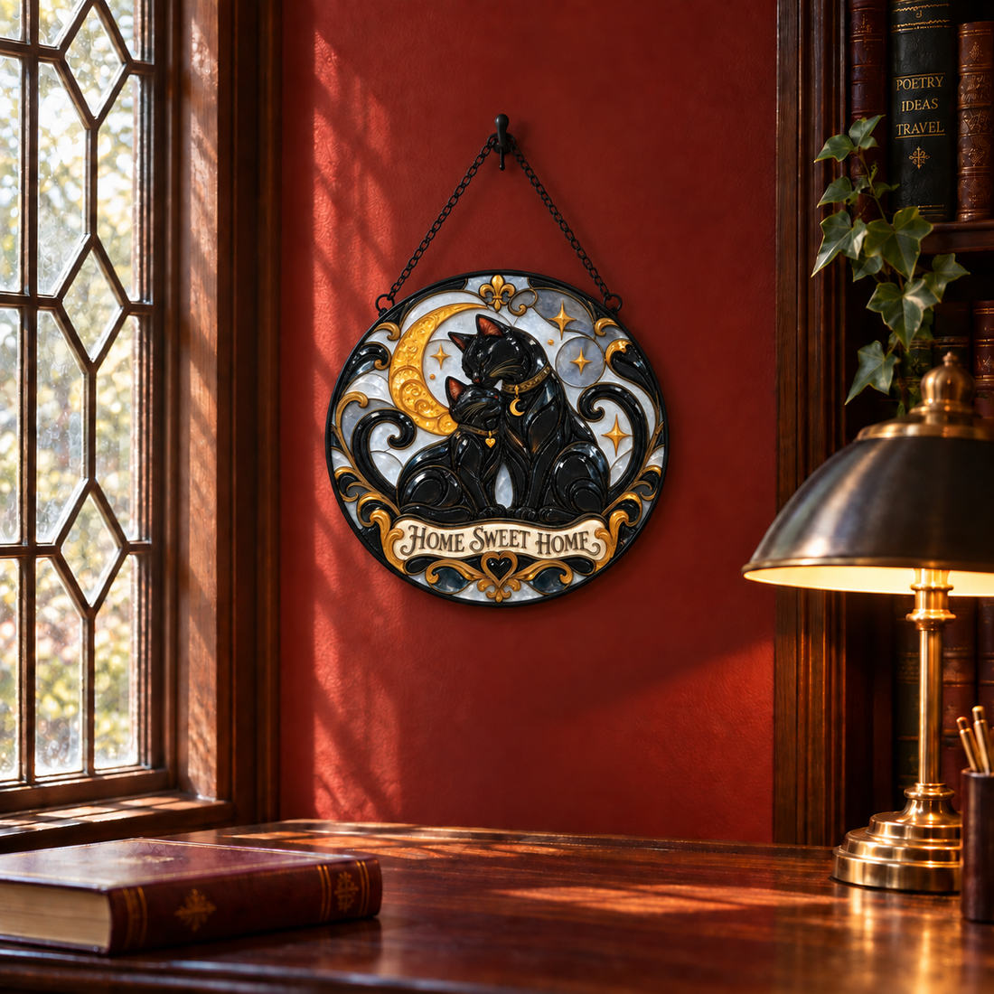 Indoor window display of Home Sweet Home round hanging art