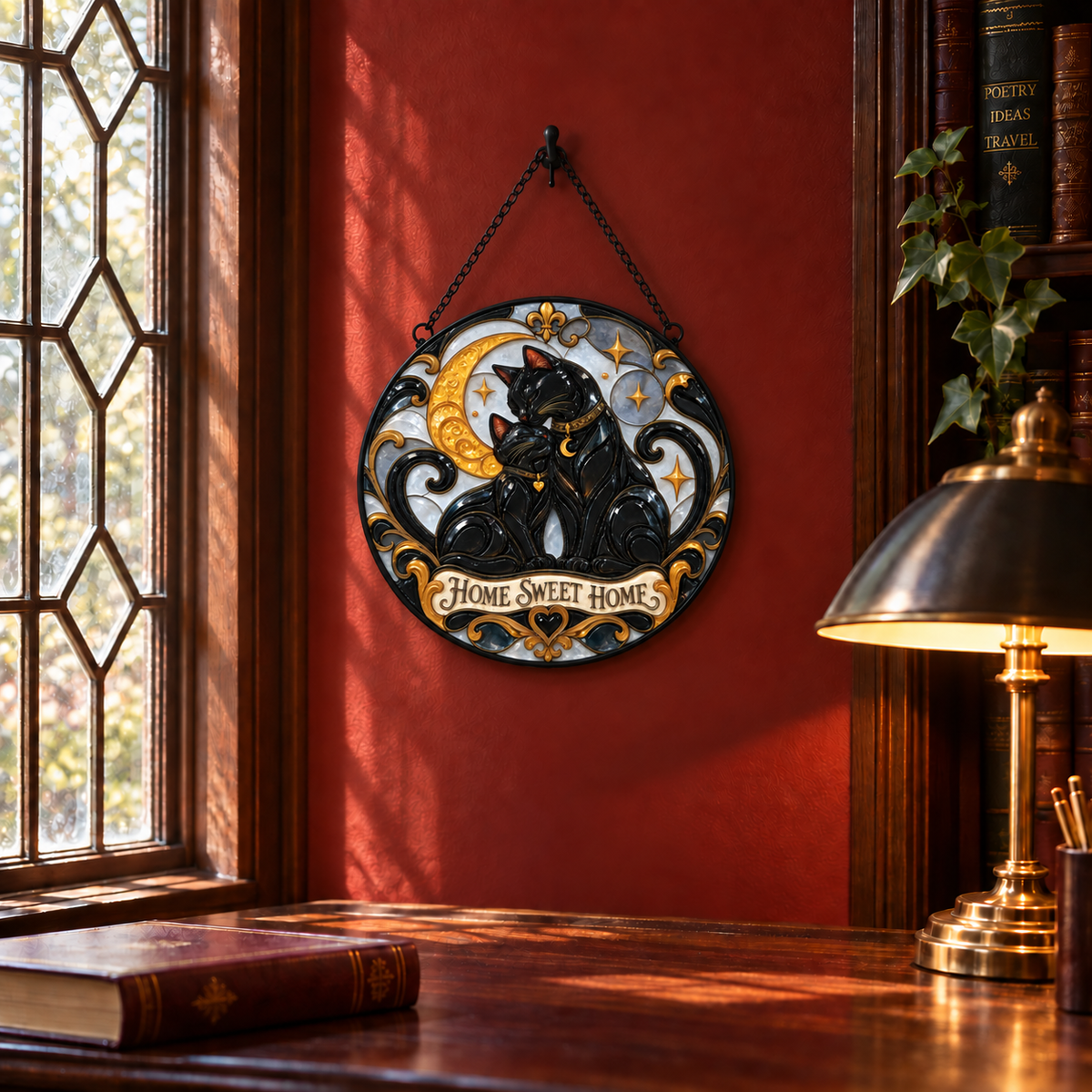 Indoor window display of Home Sweet Home round hanging art