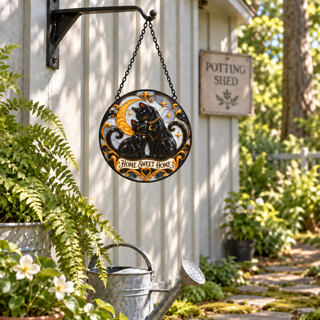 Garden display of Home Sweet Home round hanging art