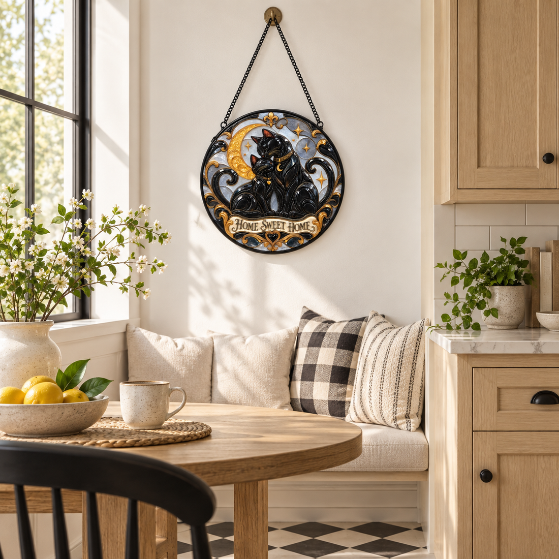Indoor landing display of Home Sweet Home round hanging art