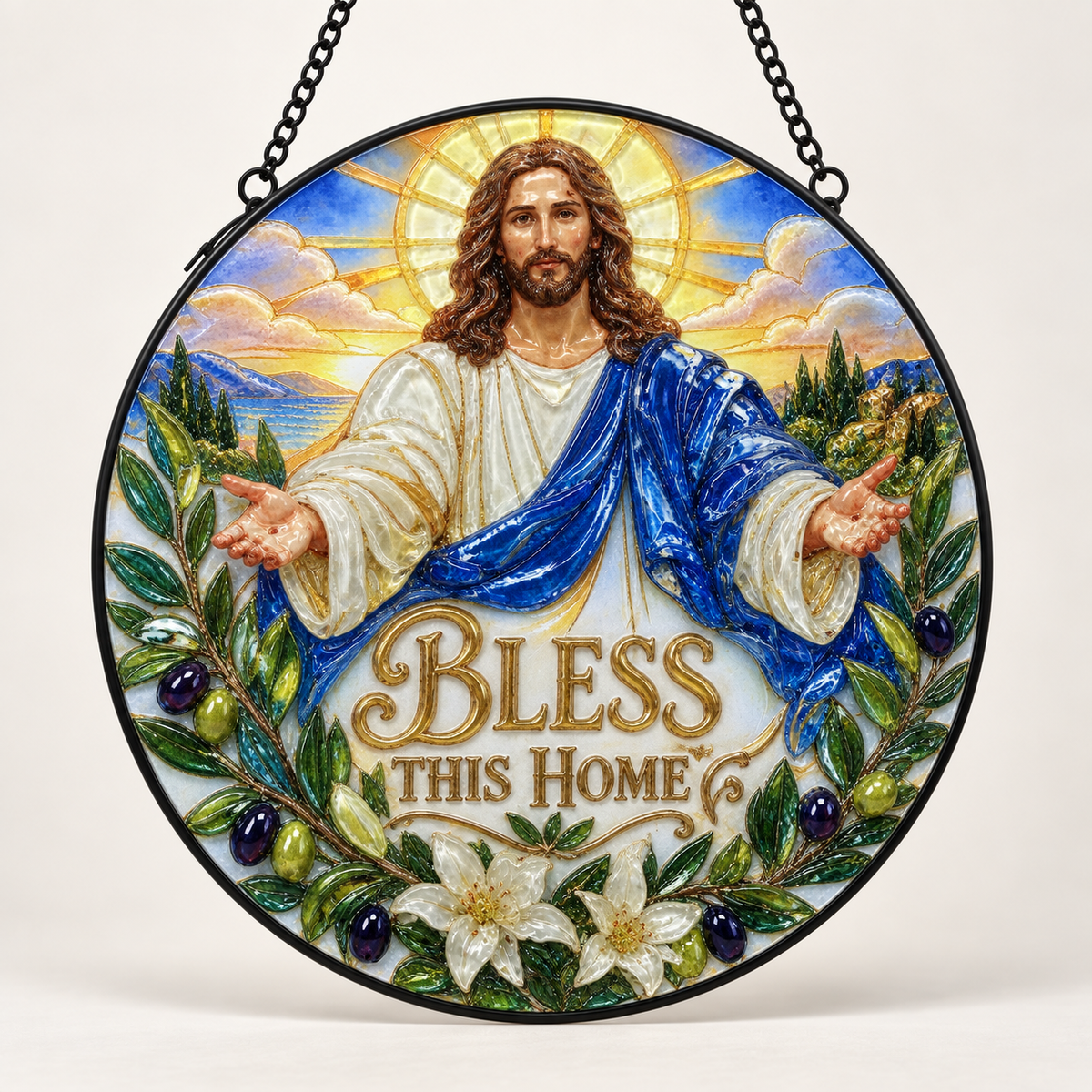 Front view of Jesus Bless This Home round hanging art