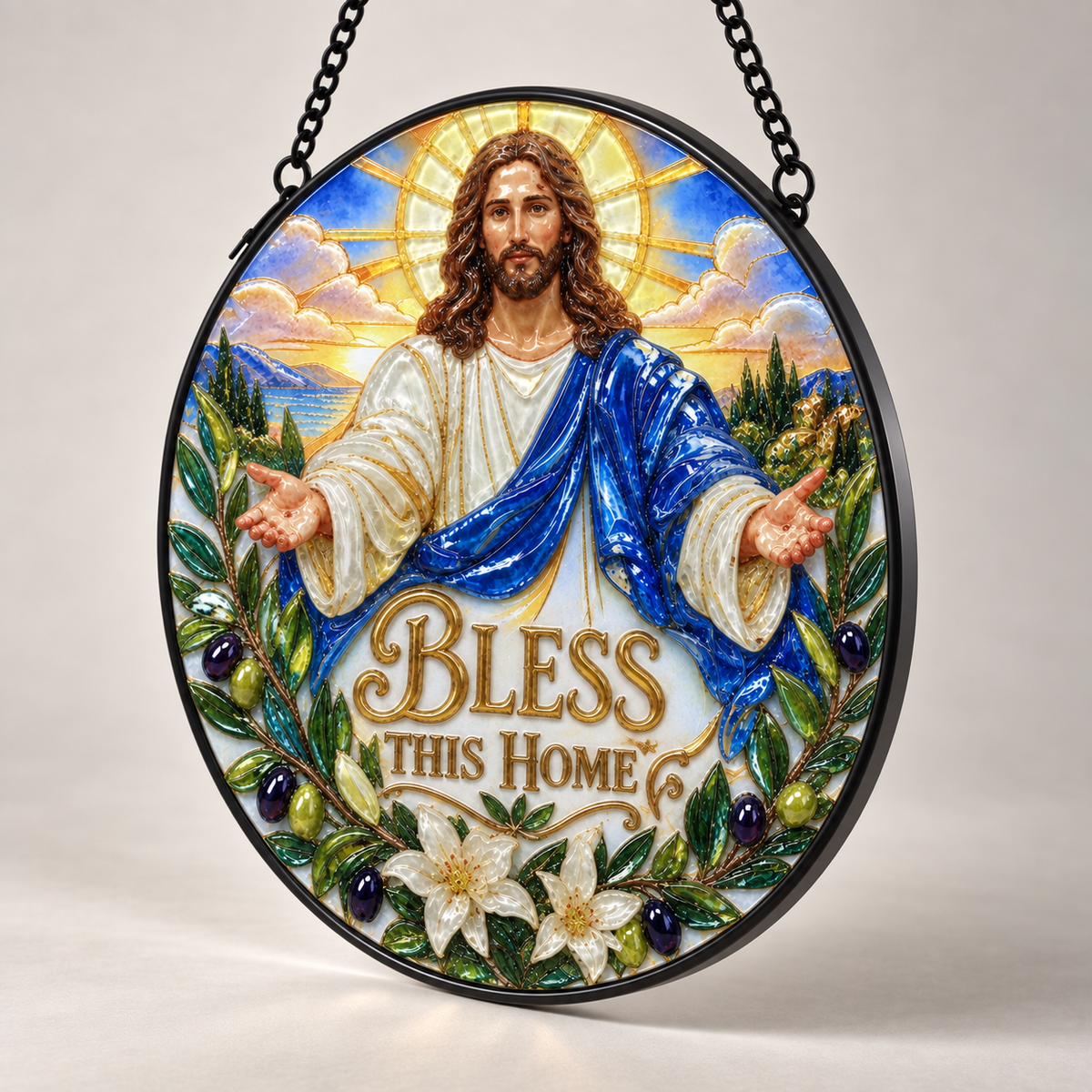 Angled view of Jesus Bless This Home round hanging art