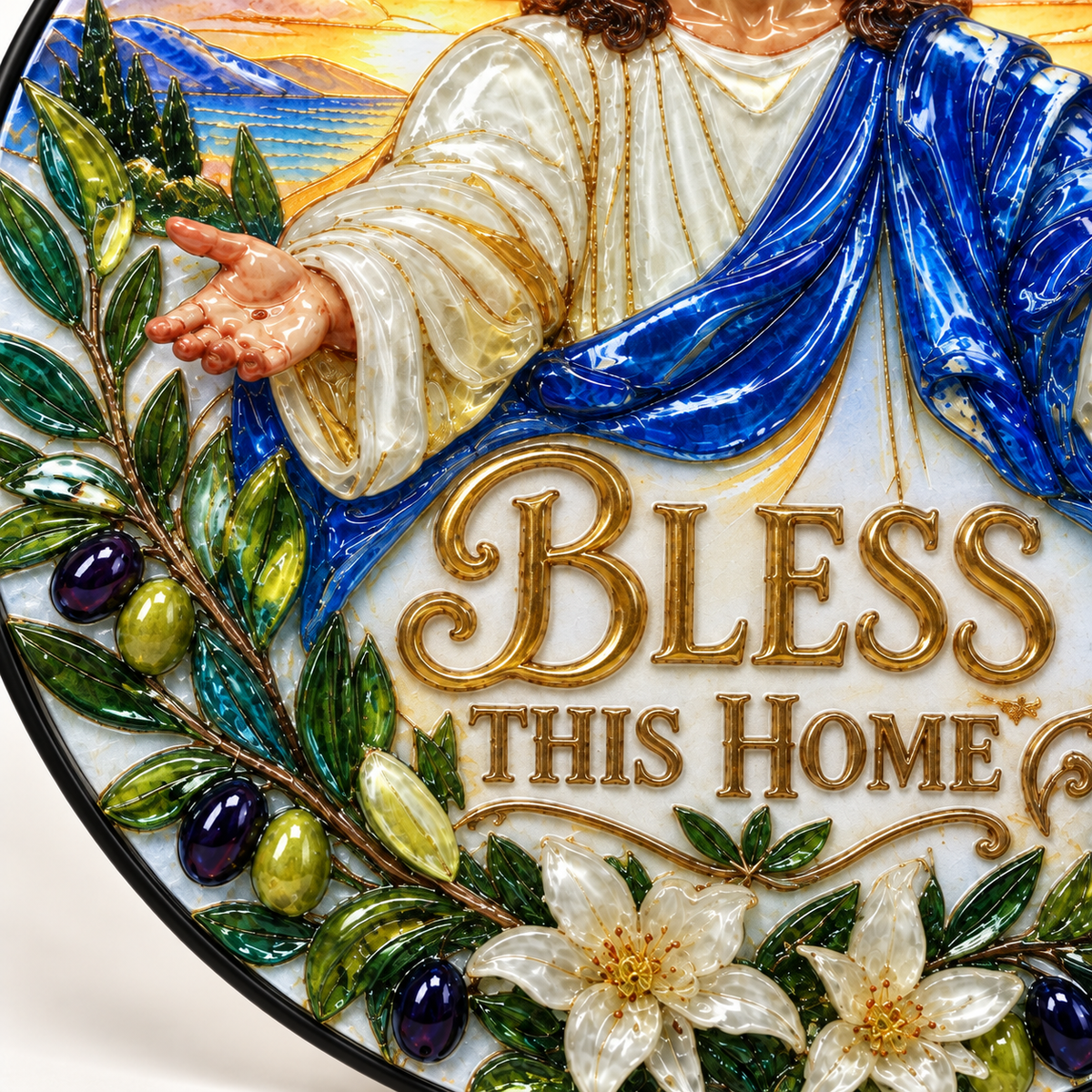 UV relief macro detail of Jesus Bless This Home round hanging art
