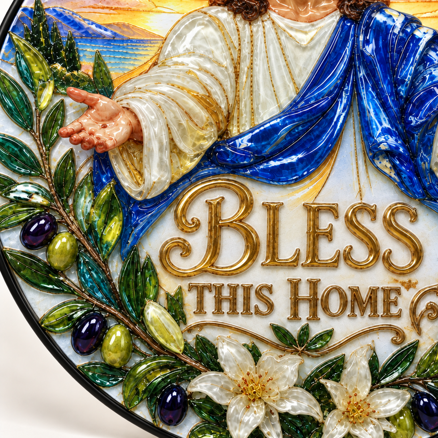 UV relief macro detail of Jesus Bless This Home round hanging art