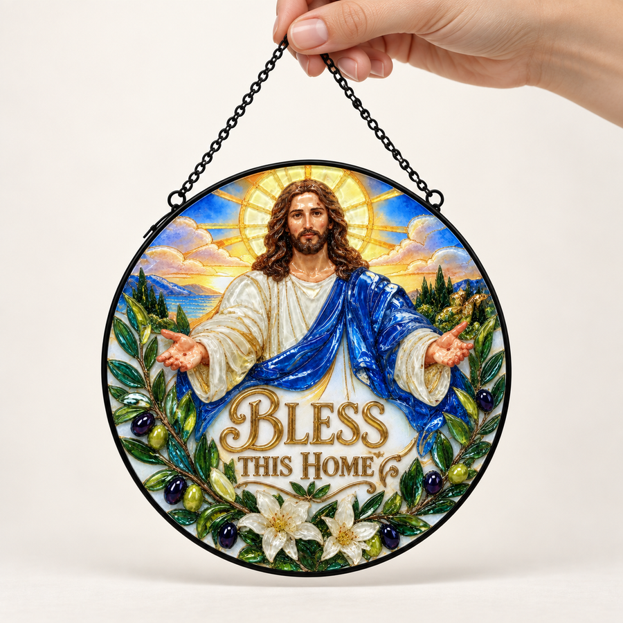 Handheld size view of Jesus Bless This Home round hanging art