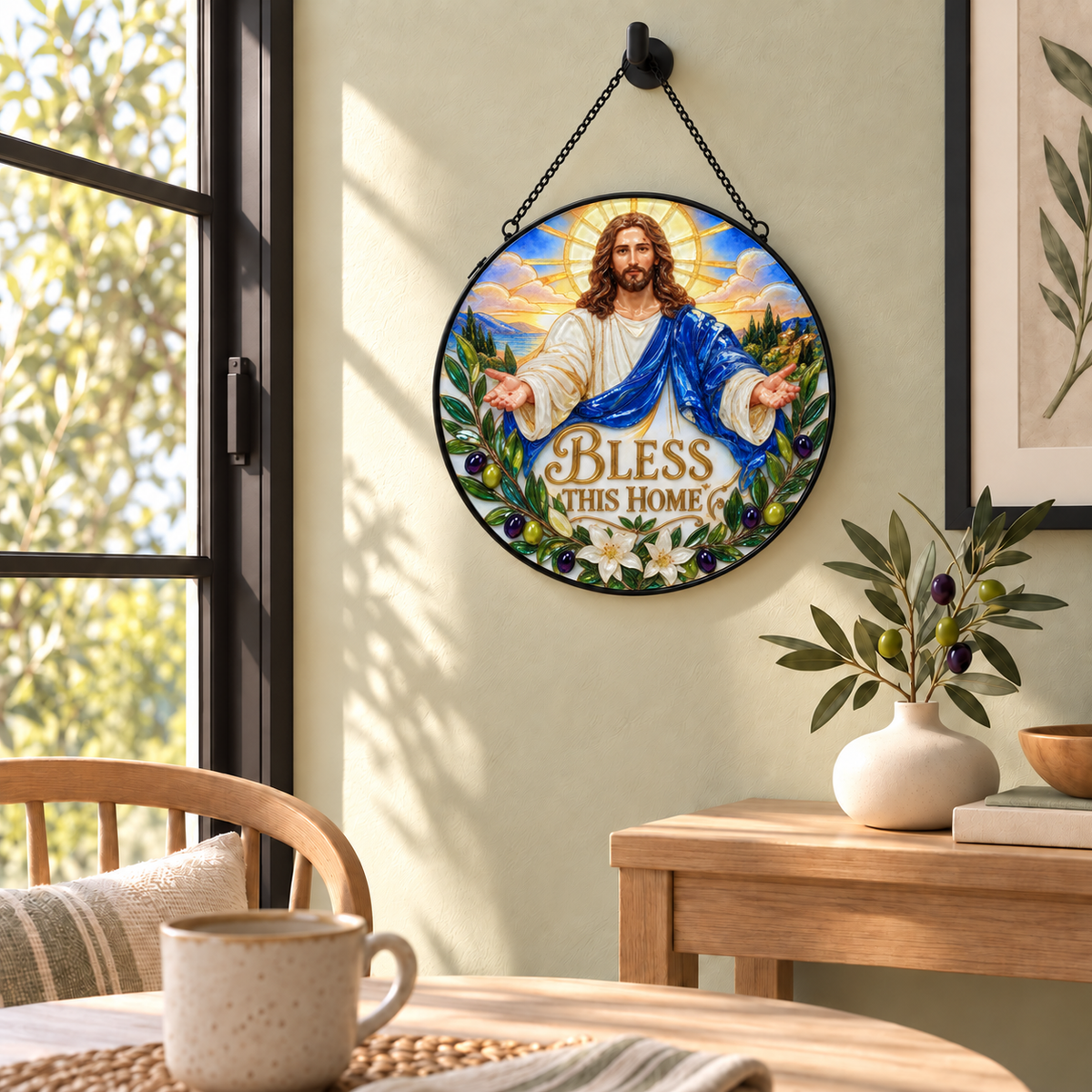 Indoor window display of Jesus Bless This Home round hanging art