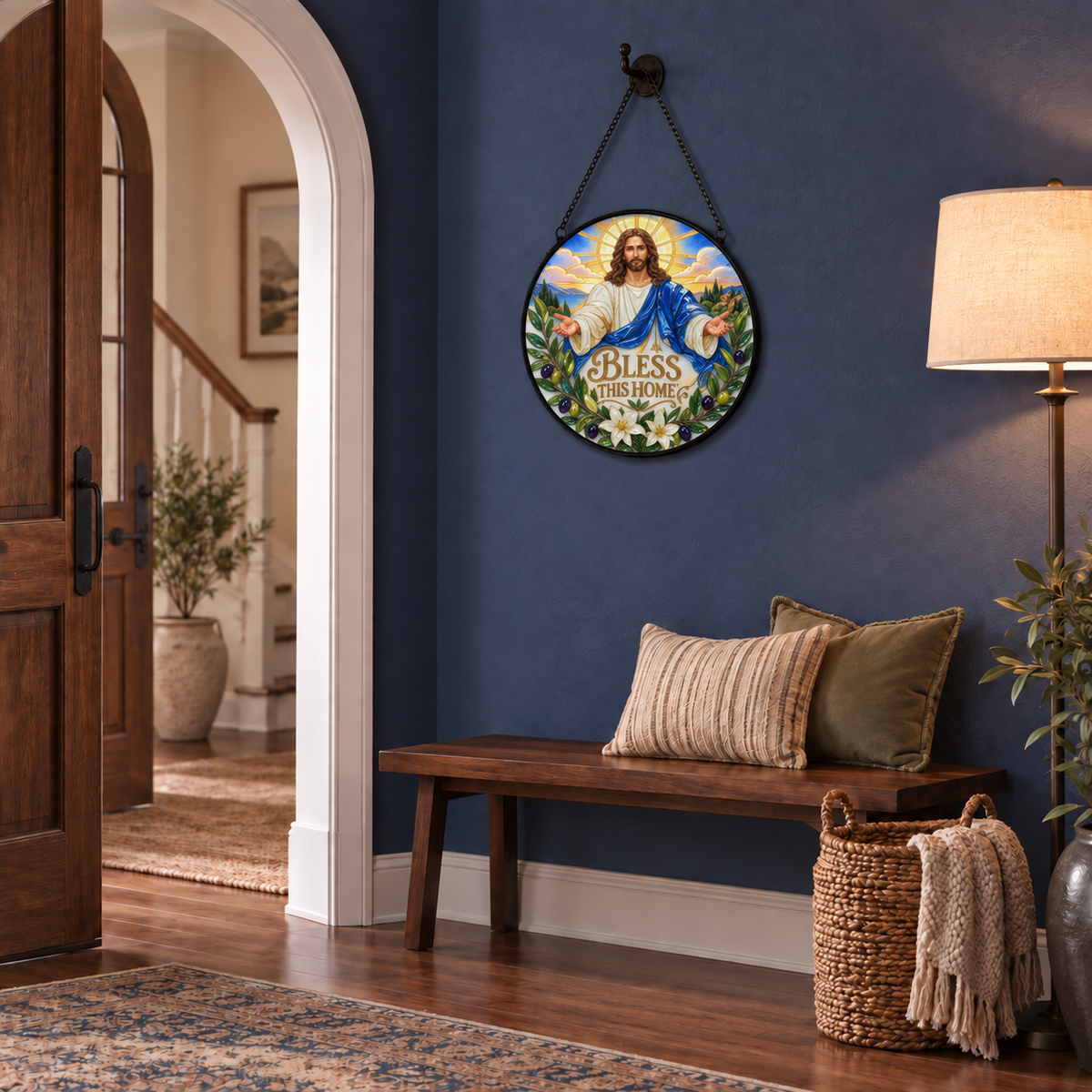 Indoor landing display of Jesus Bless This Home round hanging art