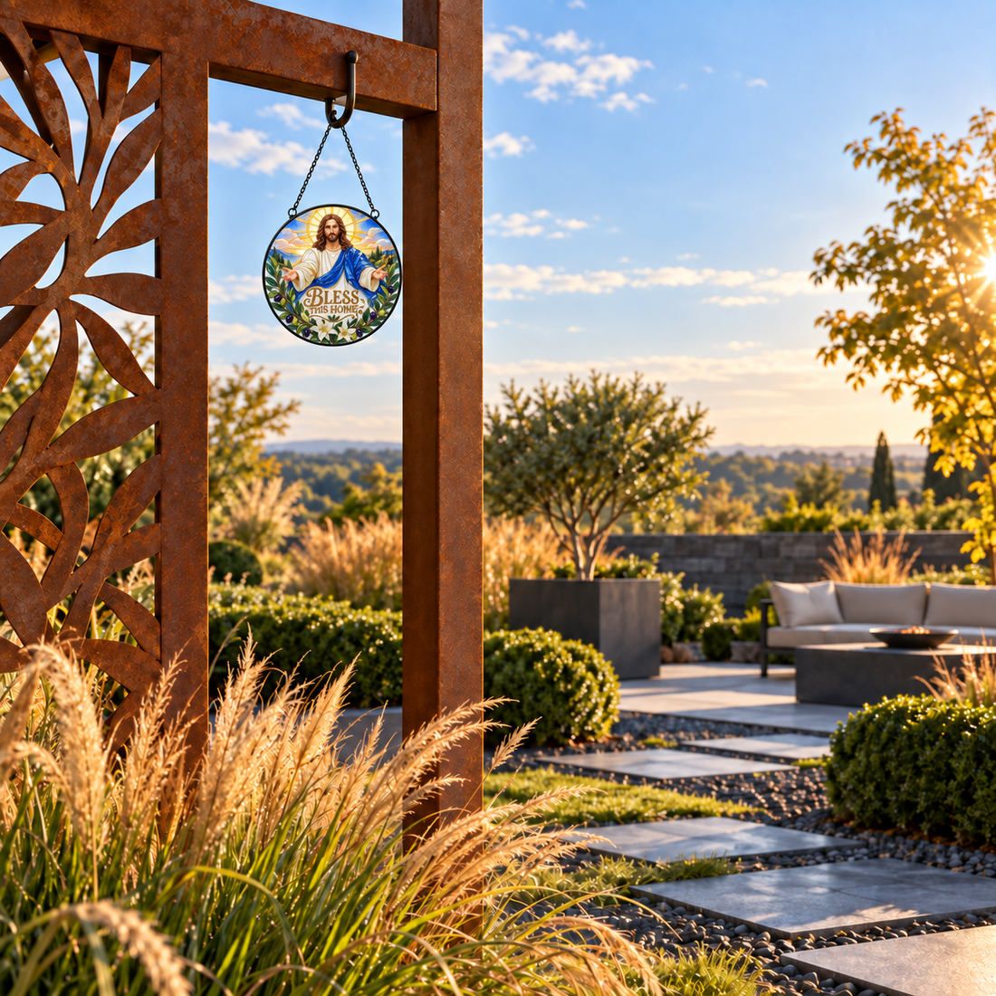 Wide outdoor display of Jesus Bless This Home round hanging art
