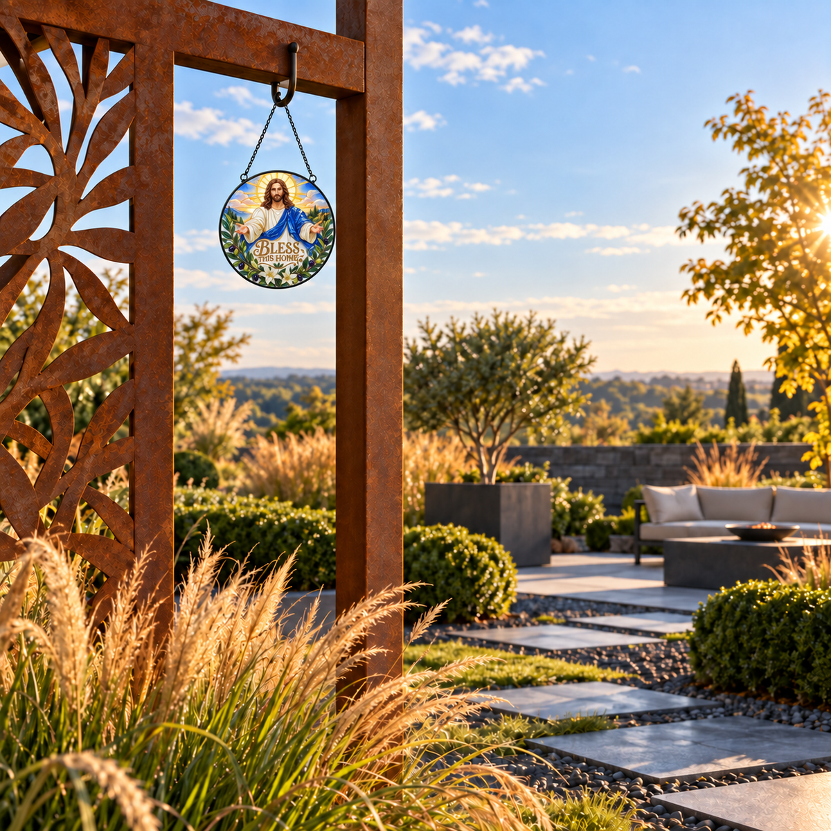 Wide outdoor display of Jesus Bless This Home round hanging art