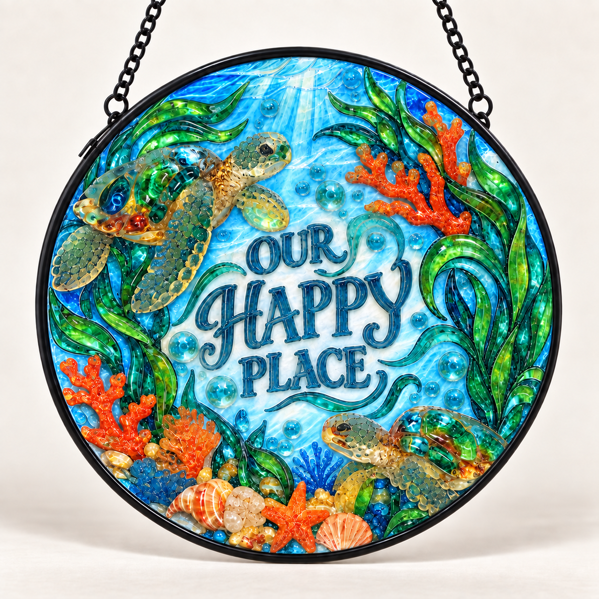 Front view of Our Happy Place Sea Turtles round hanging art