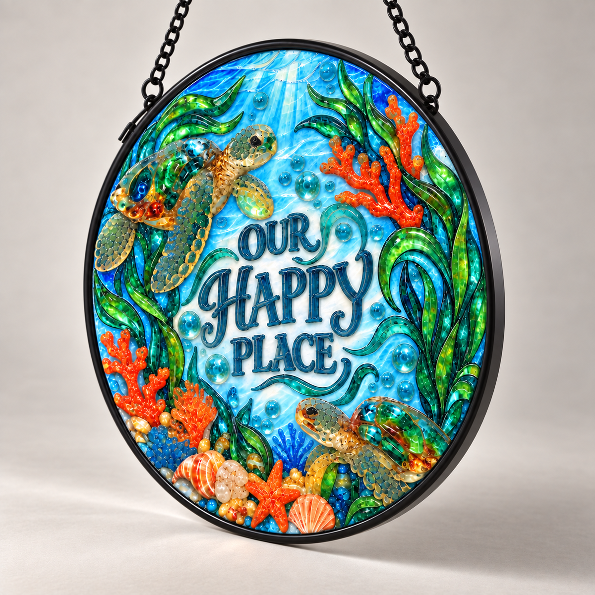 Angled view of Our Happy Place Sea Turtles round hanging art