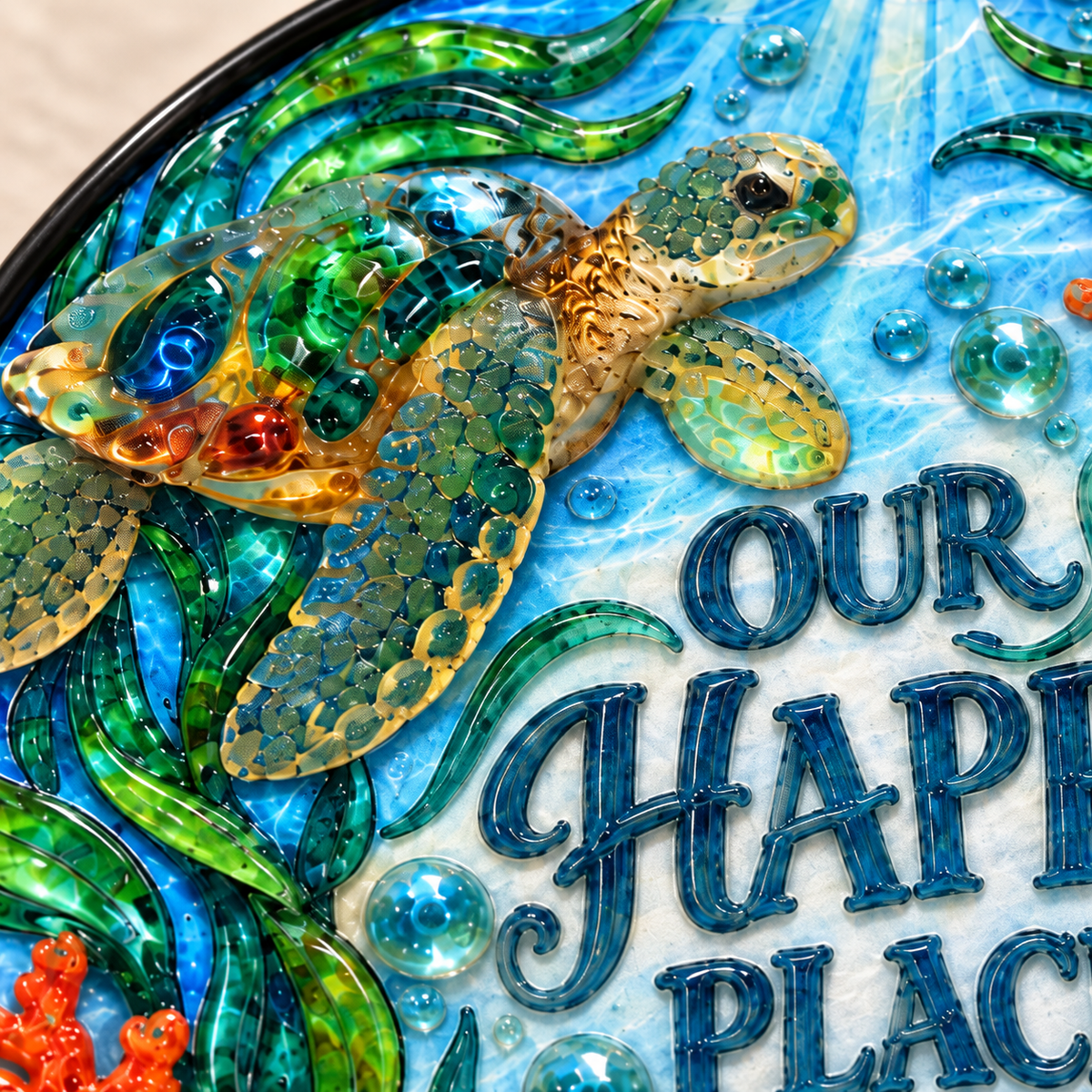 UV relief macro detail of Our Happy Place Sea Turtles round hanging art