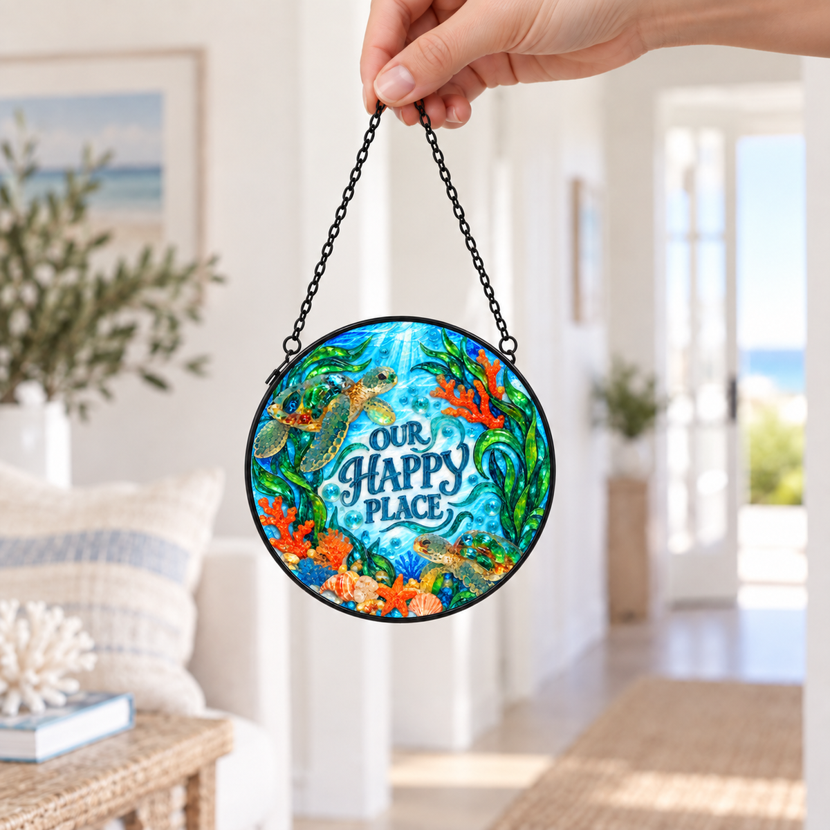 Handheld size view of Our Happy Place Sea Turtles round hanging art