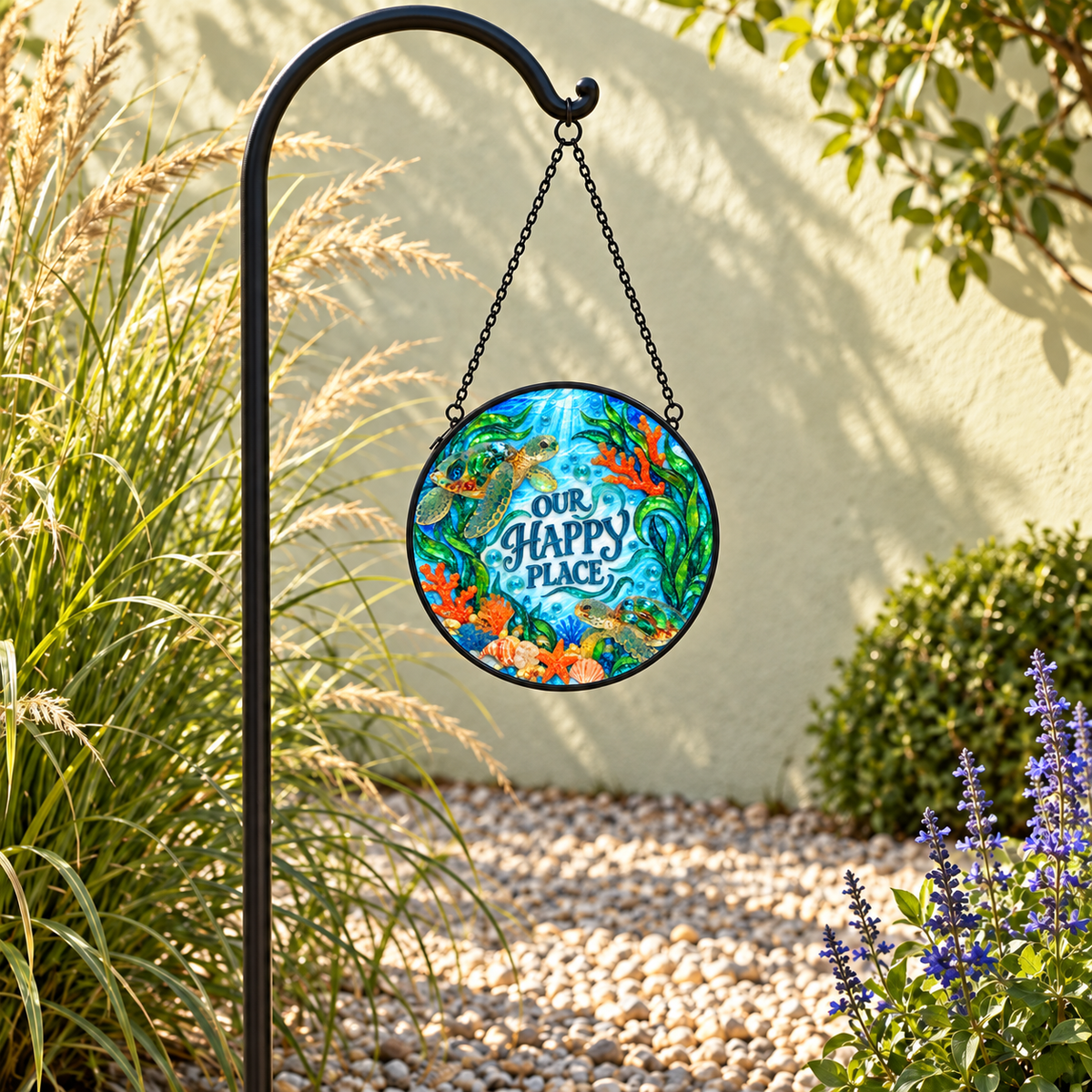 Garden display of Our Happy Place Sea Turtles round hanging art