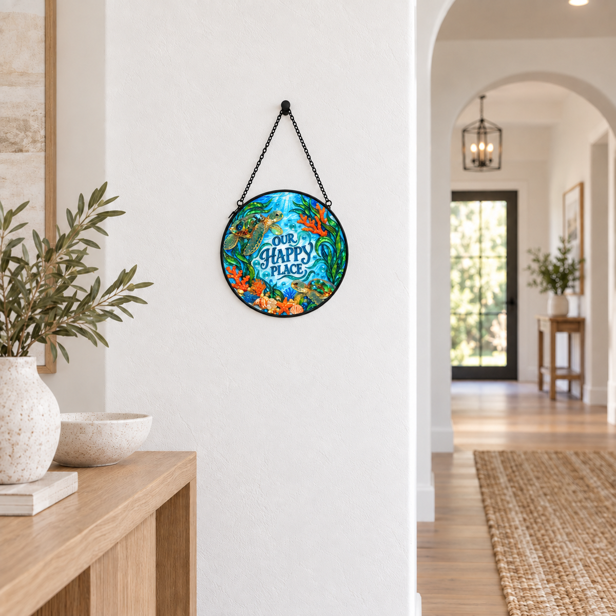Indoor landing display of Our Happy Place Sea Turtles round hanging art