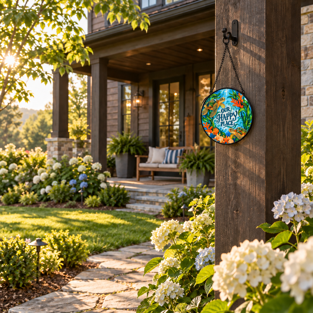 Wide outdoor display of Our Happy Place Sea Turtles round hanging art