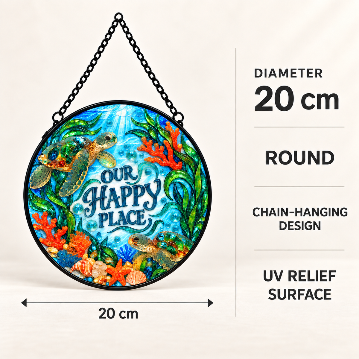 20 cm specifications of Our Happy Place Sea Turtles round hanging art