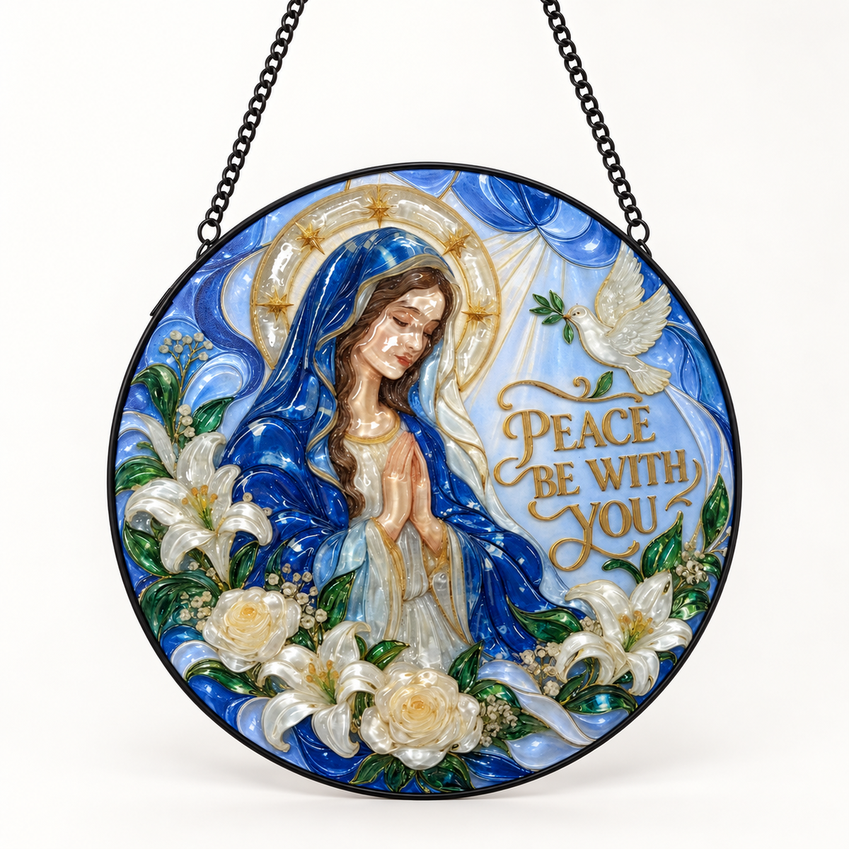 Front view of Peace Be With You round hanging art