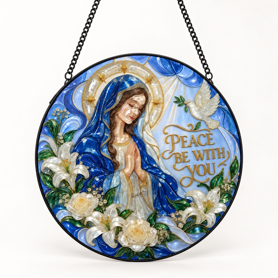 Front view of Peace Be With You round hanging art