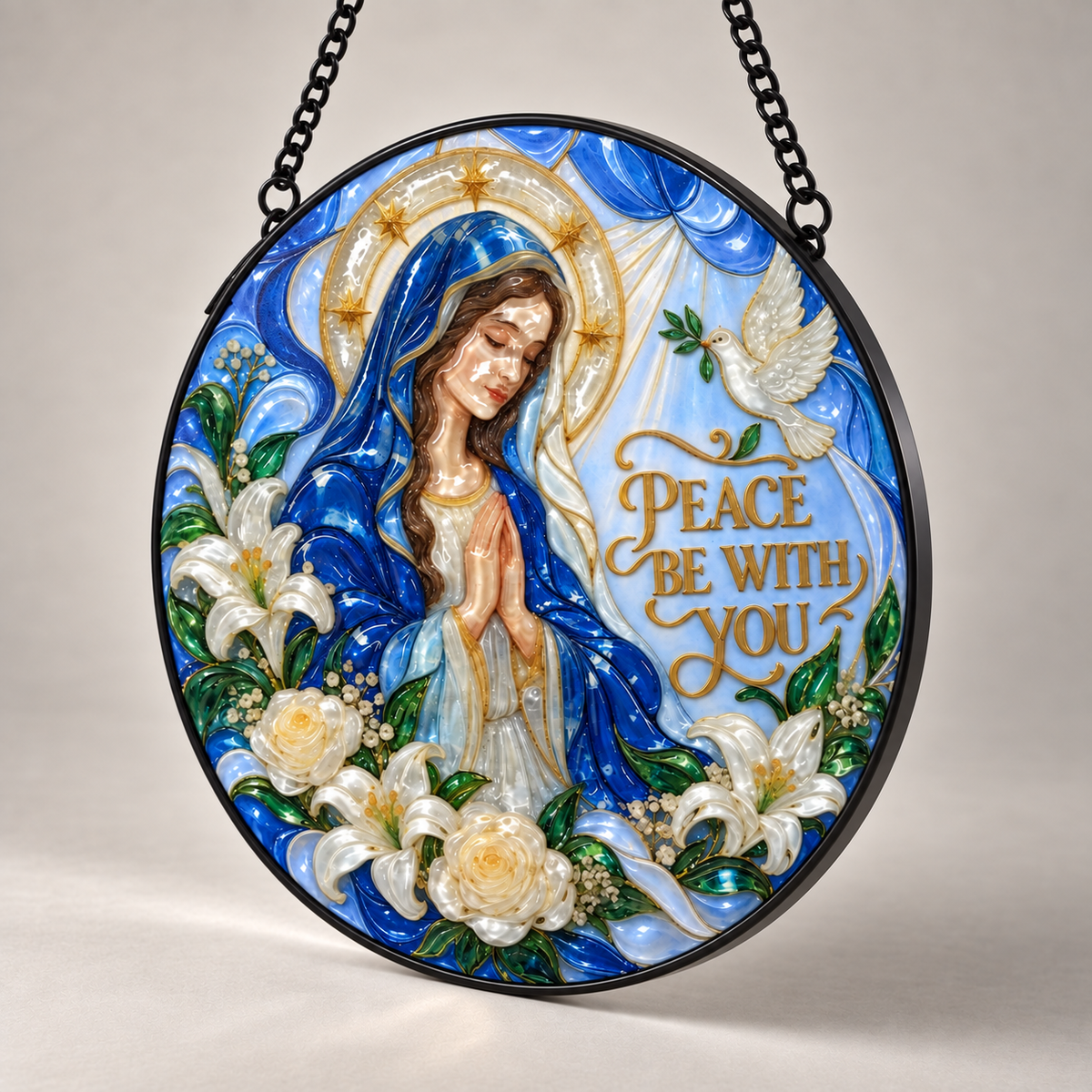 Angled view of Peace Be With You round hanging art