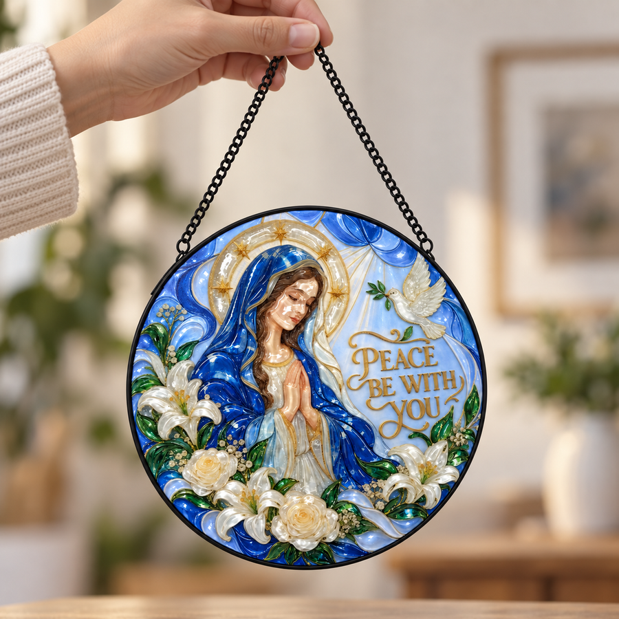 Handheld size view of Peace Be With You round hanging art