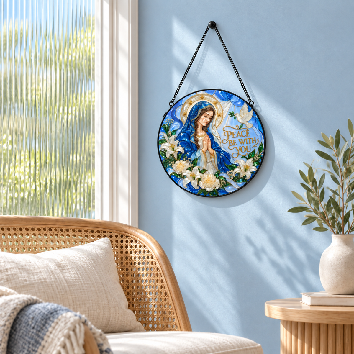 Indoor window display of Peace Be With You round hanging art