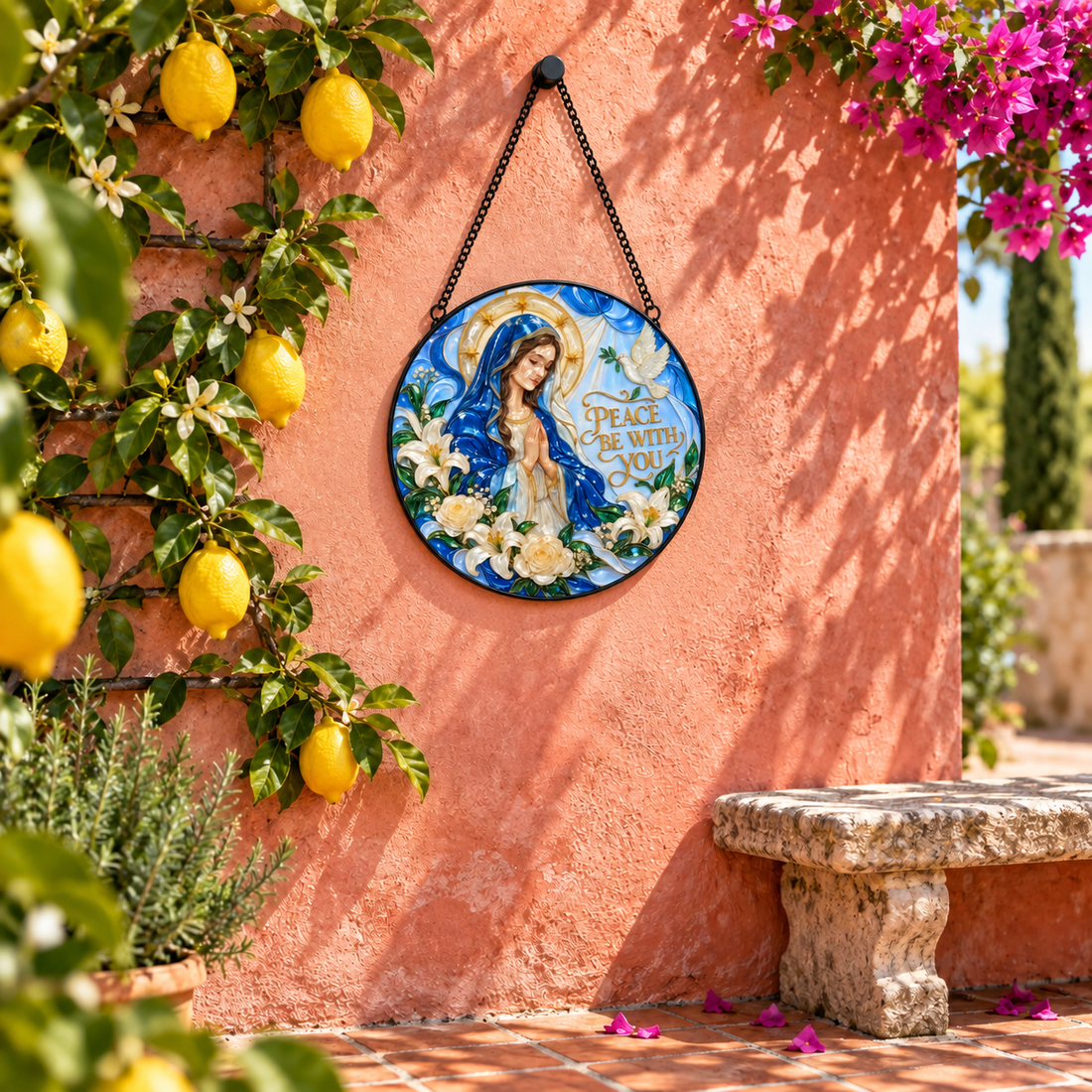 Garden display of Peace Be With You round hanging art