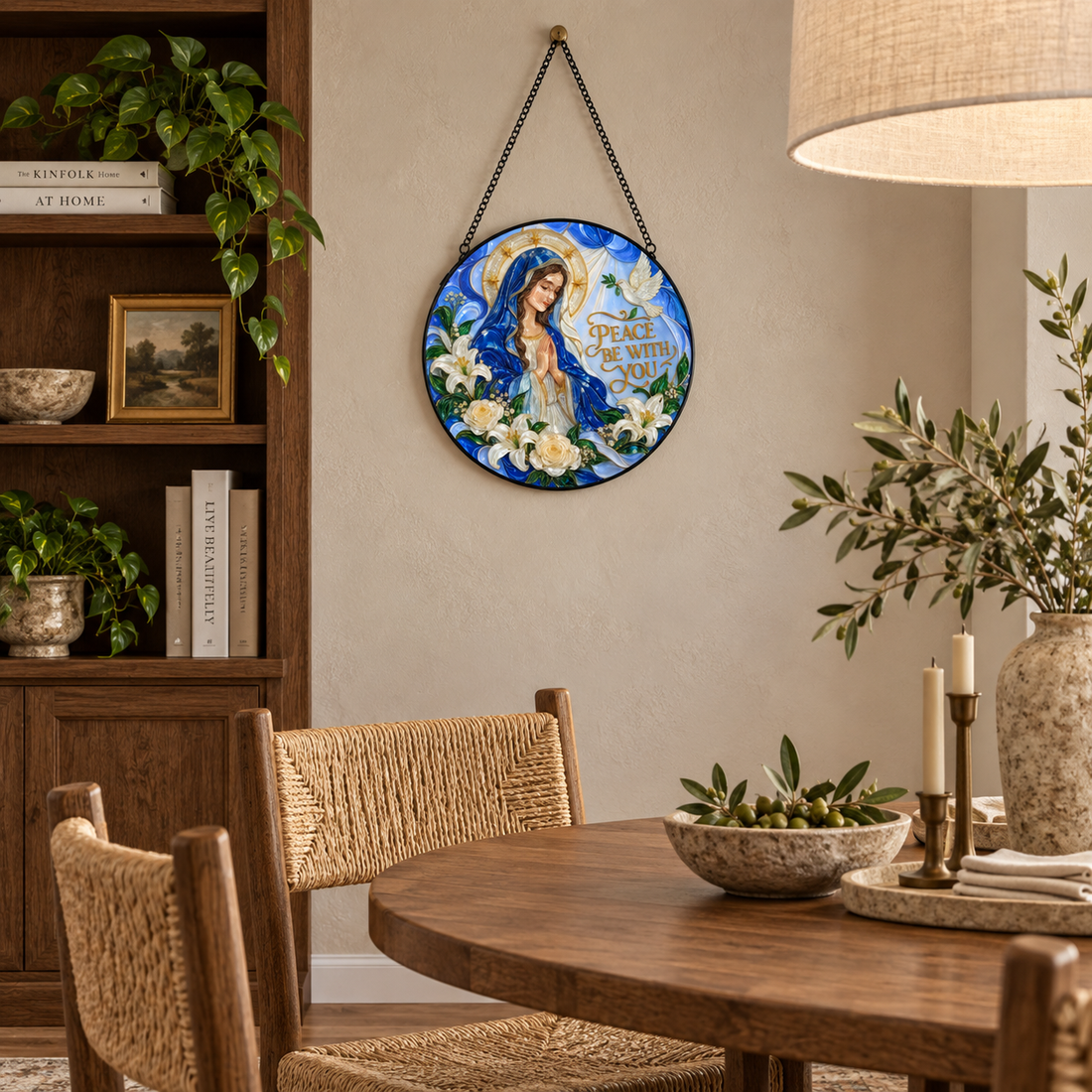 Indoor landing display of Peace Be With You round hanging art