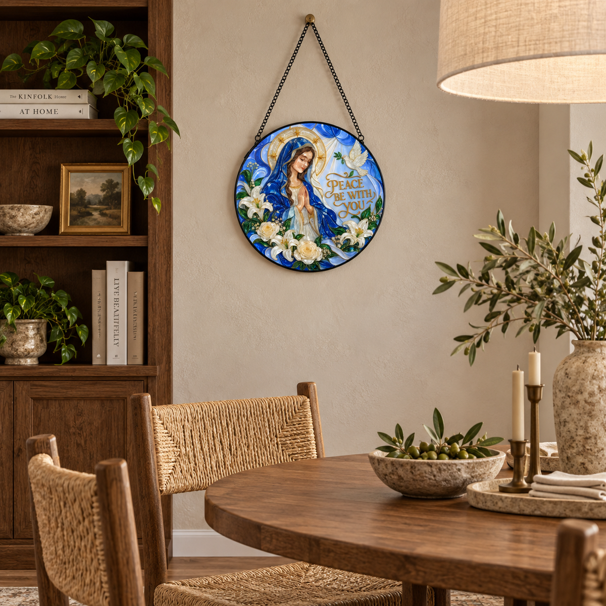 Indoor landing display of Peace Be With You round hanging art