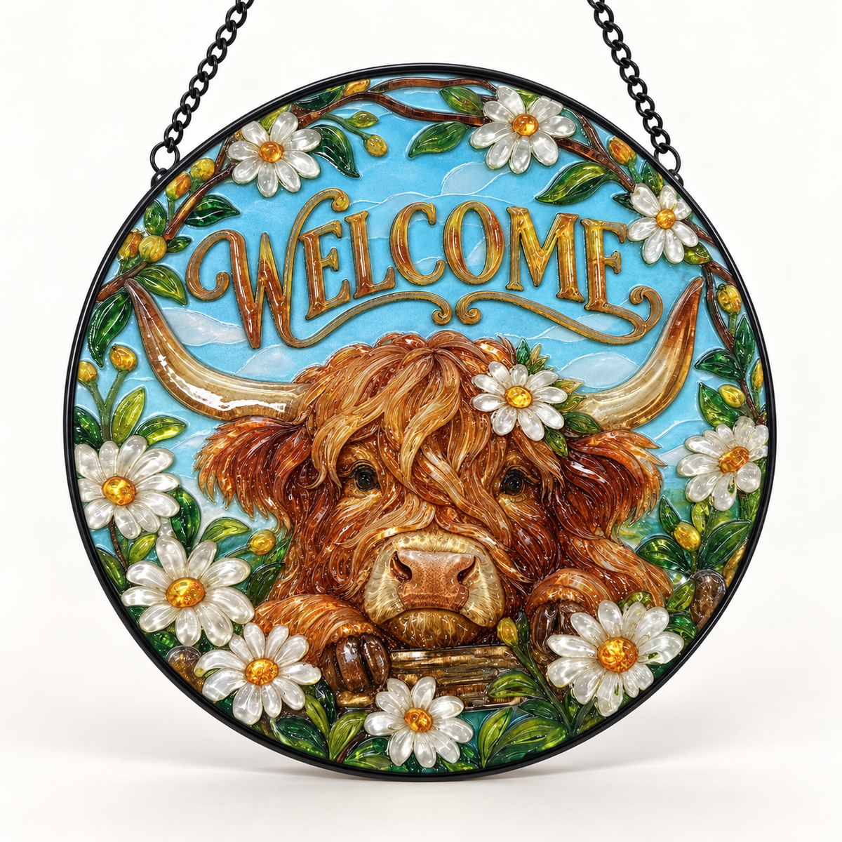 Front view of Welcome Highland Cow round hanging art