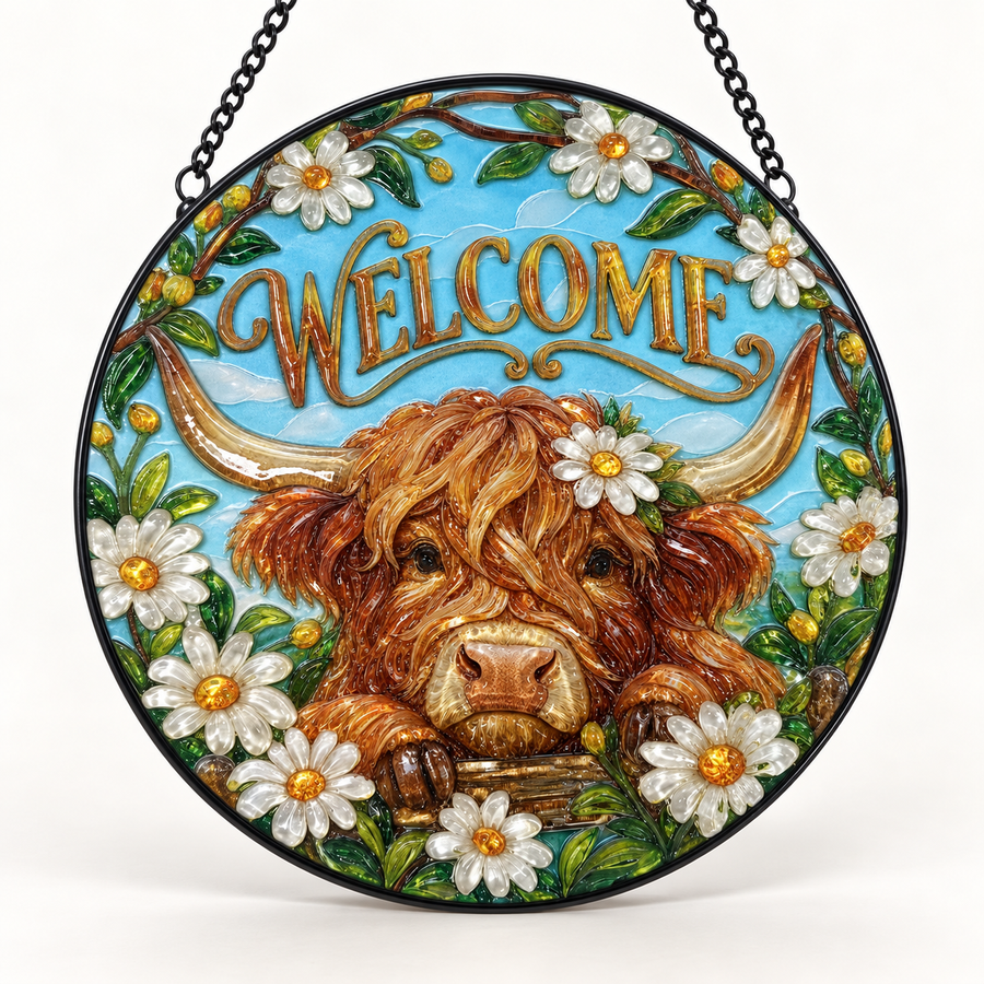 Front view of Welcome Highland Cow round hanging art