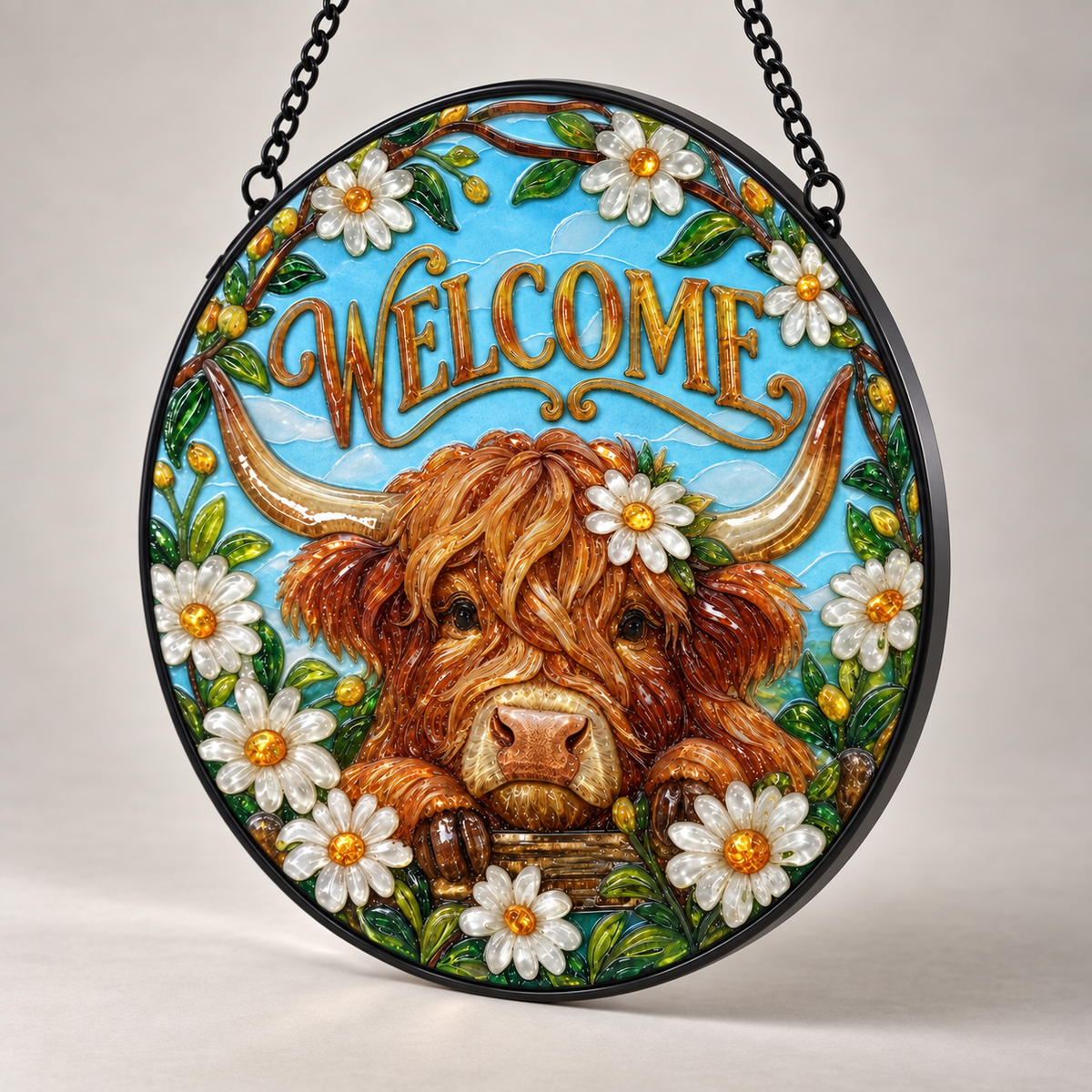 Angled view of Welcome Highland Cow round hanging art