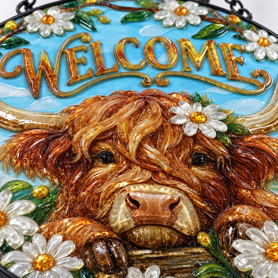 UV relief macro detail of Welcome Highland Cow round hanging art