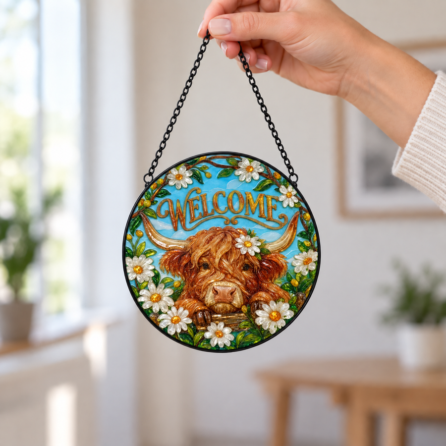 Handheld size view of Welcome Highland Cow round hanging art