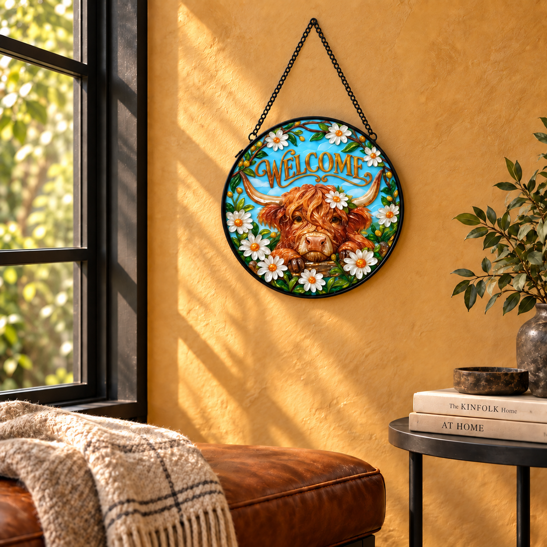 Indoor window display of Welcome Highland Cow round hanging art