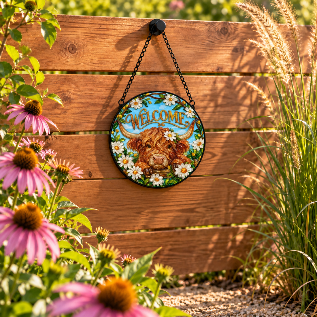 Garden display of Welcome Highland Cow round hanging art