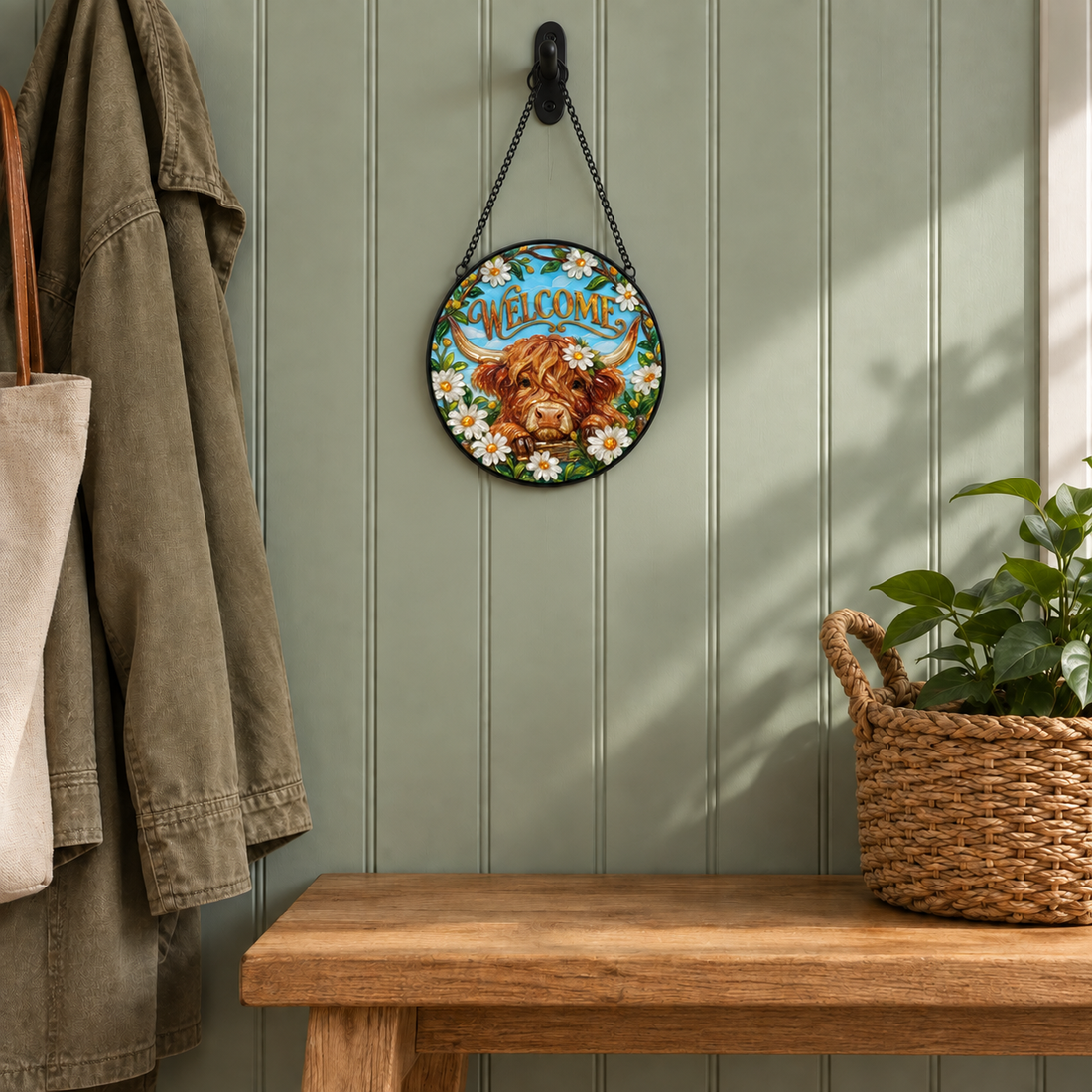 Indoor landing display of Welcome Highland Cow round hanging art