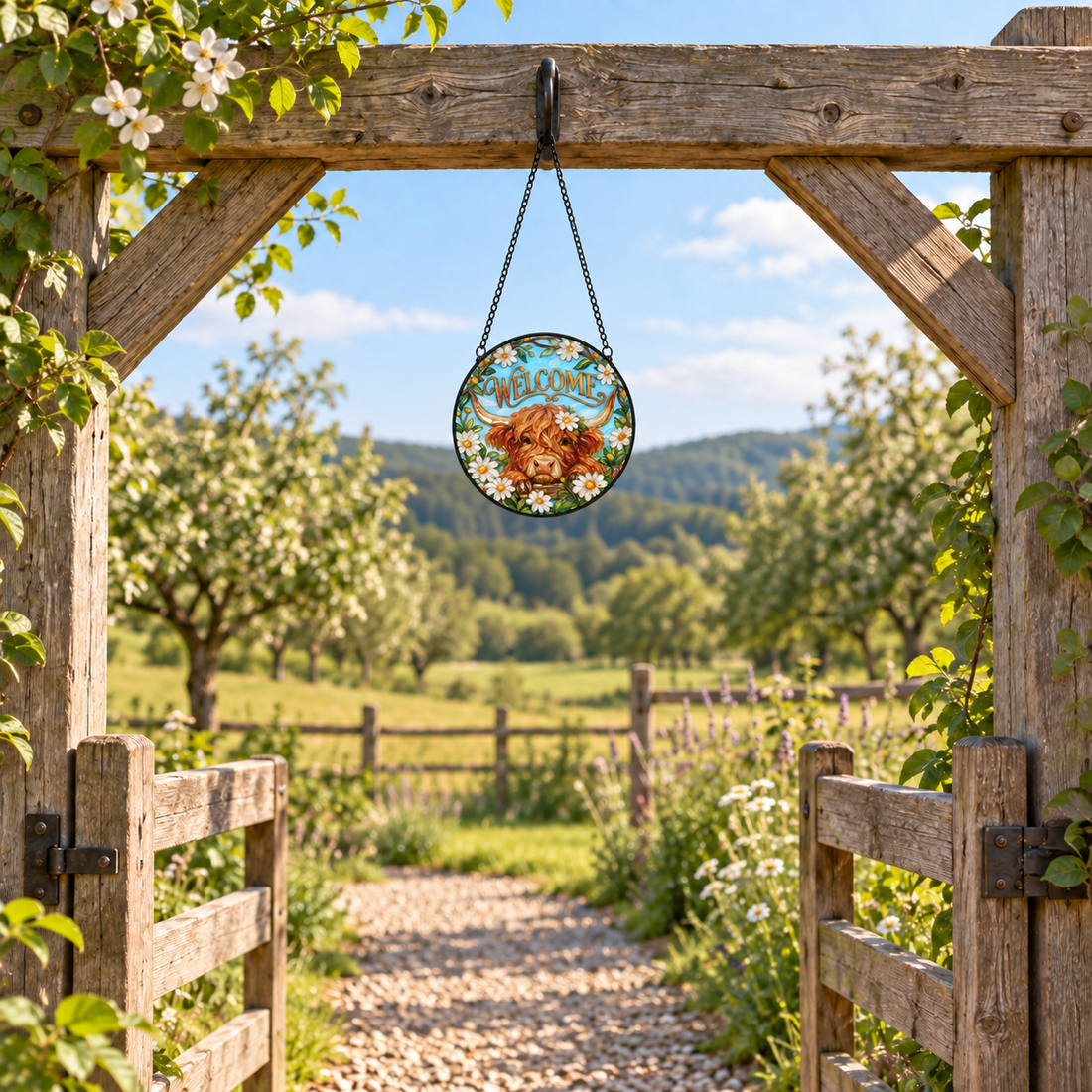 Wide outdoor display of Welcome Highland Cow round hanging art
