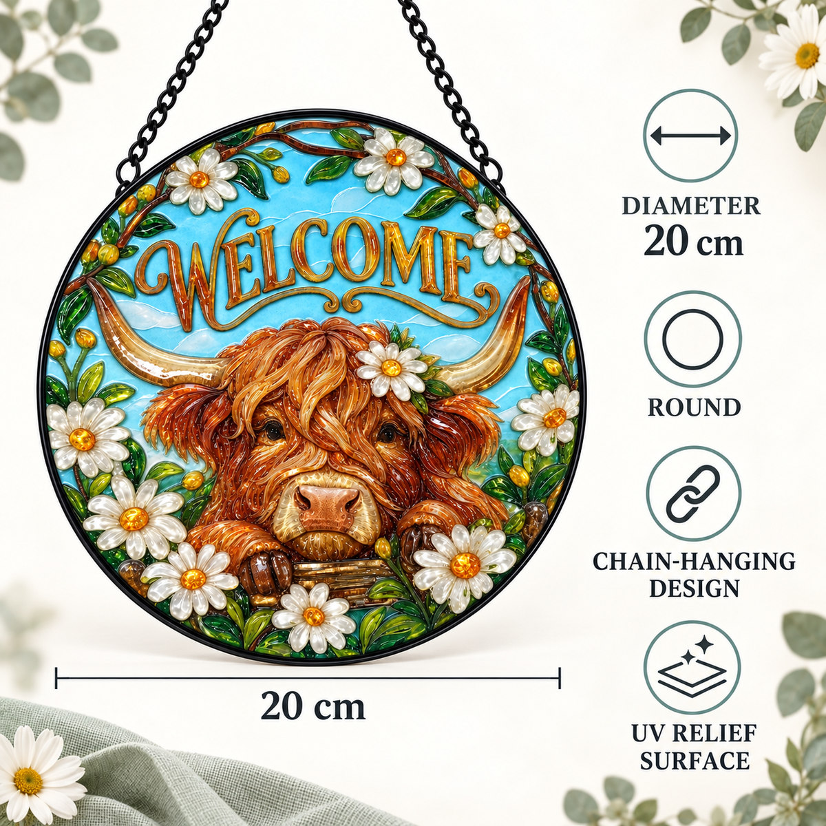 20 cm specifications of Welcome Highland Cow round hanging art