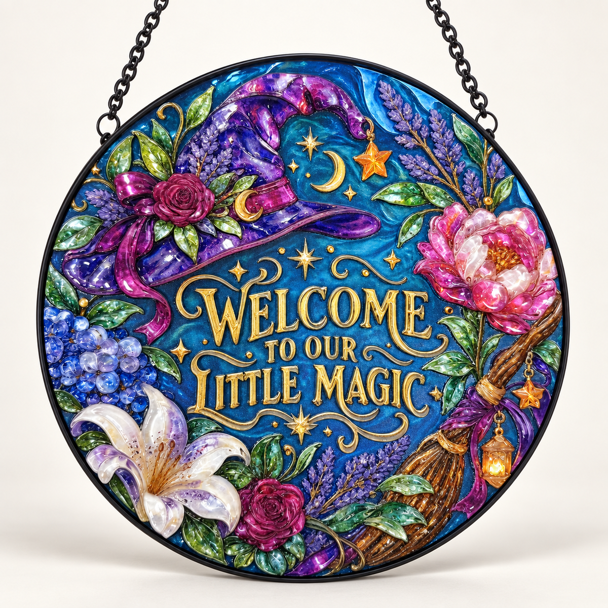 Front view of Welcome to Our Little Magic round hanging art