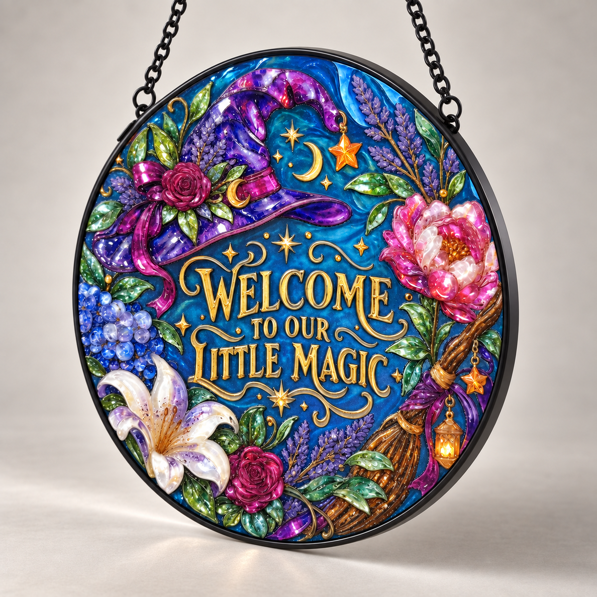 Angled view of Welcome to Our Little Magic round hanging art